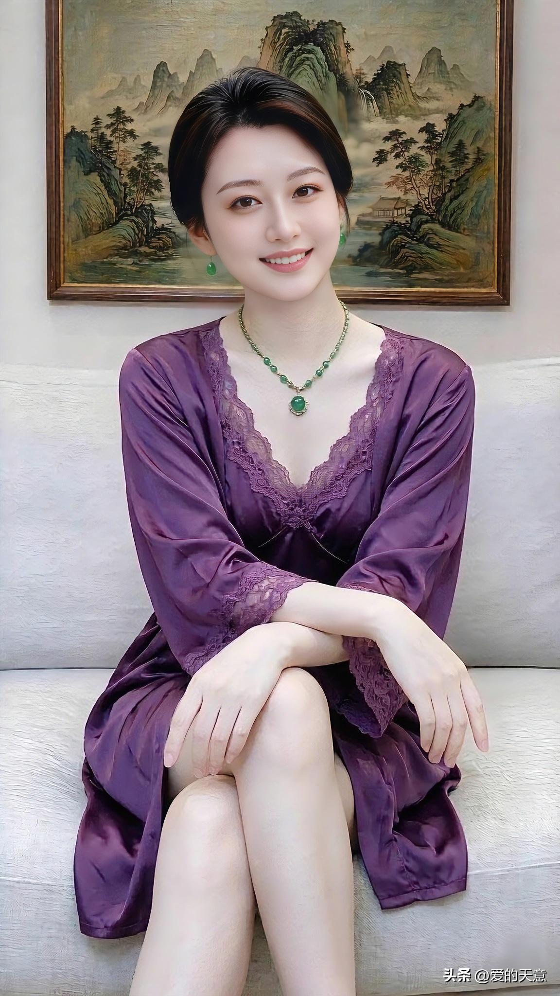 身着紫色柔滑睡裙，蕾丝花边温柔精致。安坐在家中沙发，浅浅一笑，从容恬静，好好享受