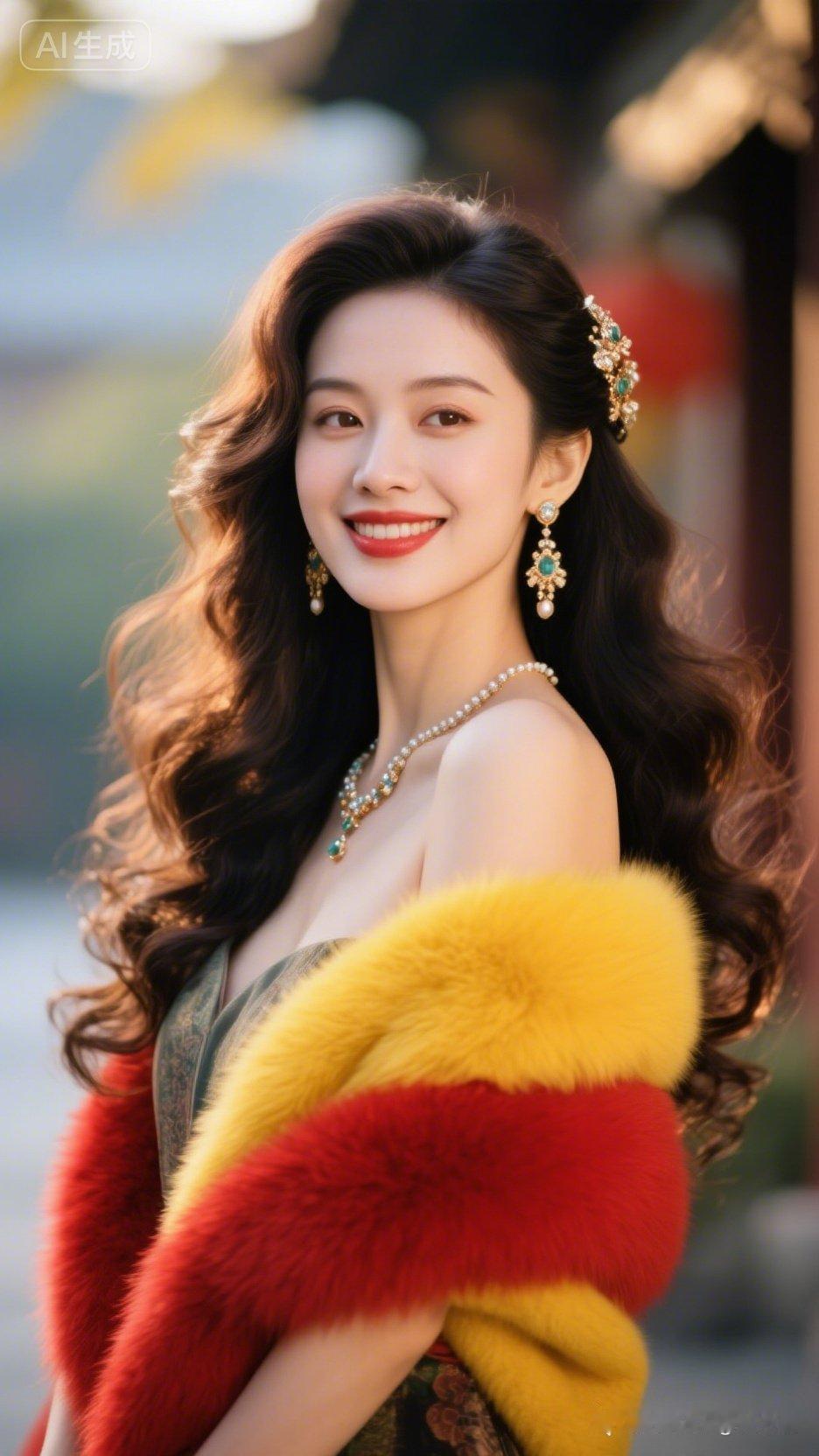 这姑娘打扮得真漂亮，像是从画里走出来的一样。