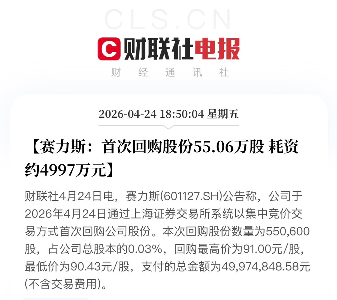 赛力斯：首次回购股份55.06万股 耗资约4997万元 