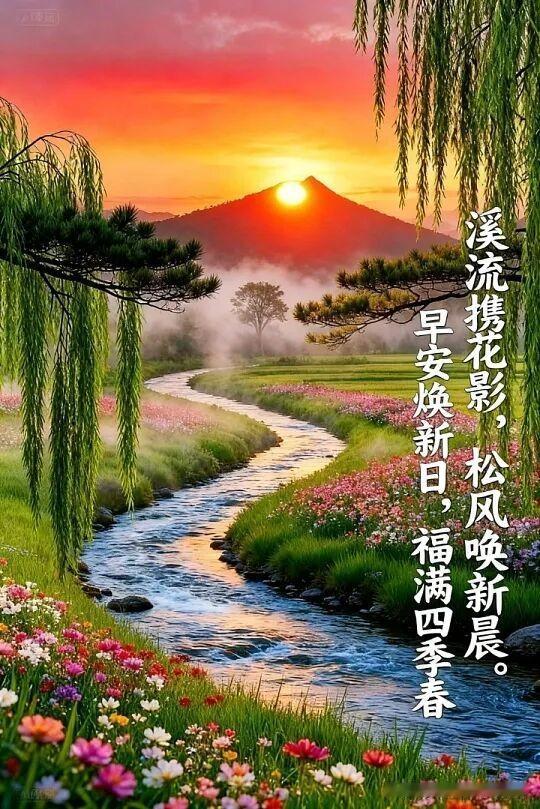 溪流携花影，松风唤新晨，早安焕新日，福满四季春。