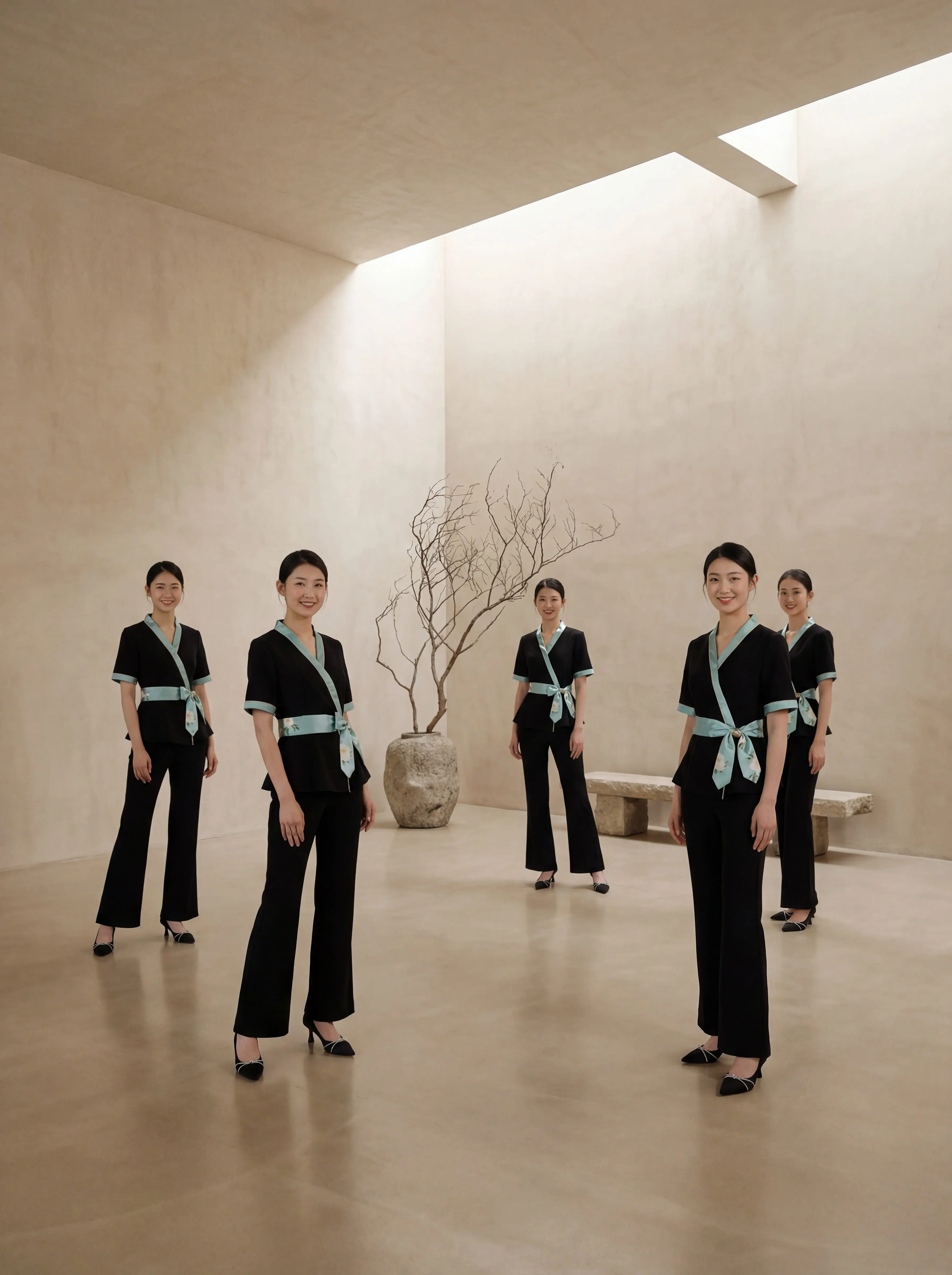 还在给员工穿老气横秋的工服？。经典黑底 + 清透薄荷绿撞色，中式交领 ...