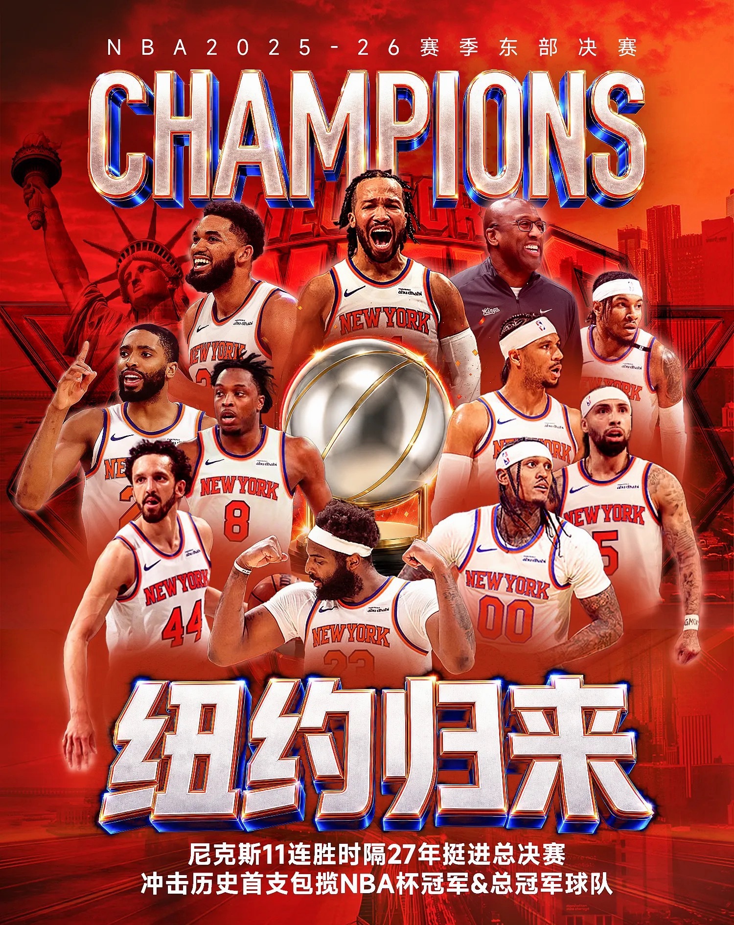 NBA季后赛东部决赛，纽约尼克斯以4-0的大比分横扫克利夫兰骑士，时隔27年再度