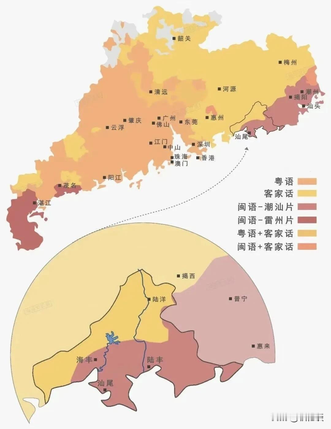 广东省方言地图，粤语客家话各占据半壁江山。
#粤语# #客家#