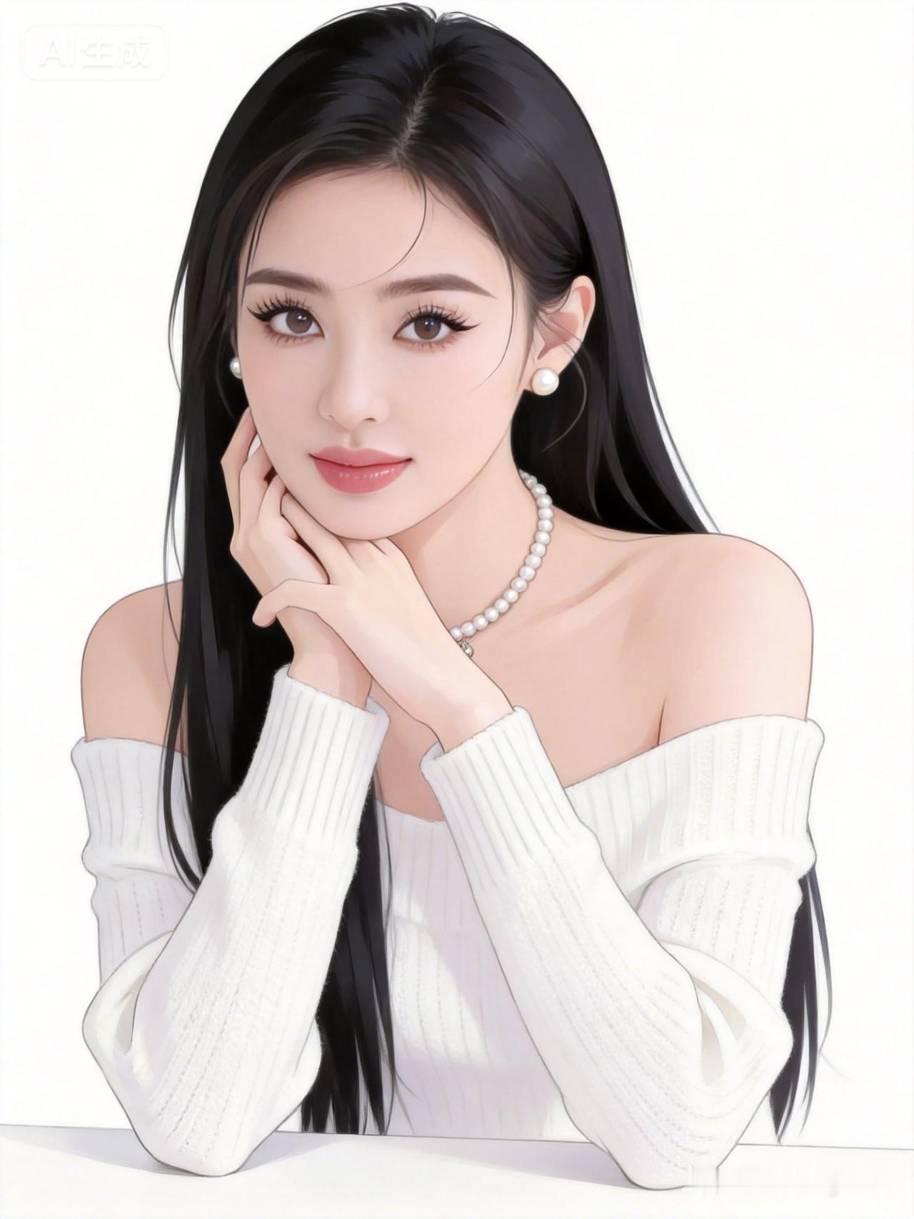 女孩纯白肌肤泛着柔光，长直黑发垂落肩头。一字肩白毛衣勾勒曲线，耳环项链闪着细碎光