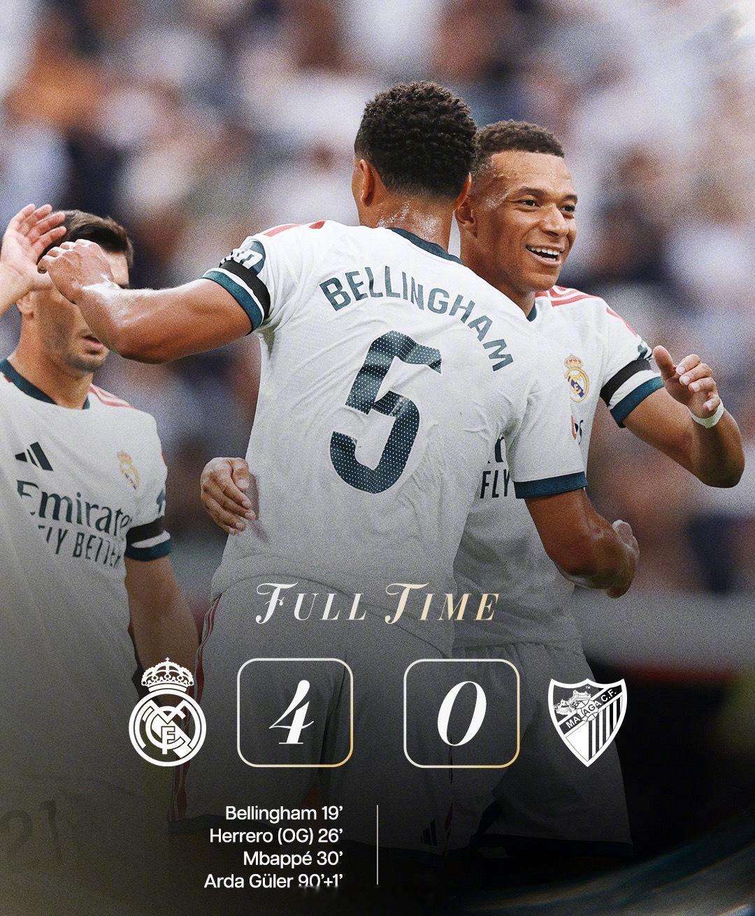 2026-27赛季西甲第3轮，皇家马德里主场4-0大胜升班马马拉加。上半场贝林厄
