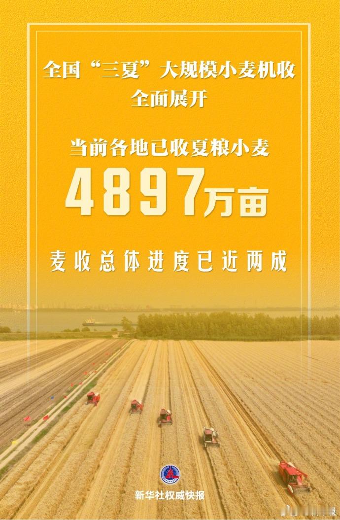 2026三夏进行时【全国三夏大规模小麦机收全面展开】据农业农村部28日消息，截至