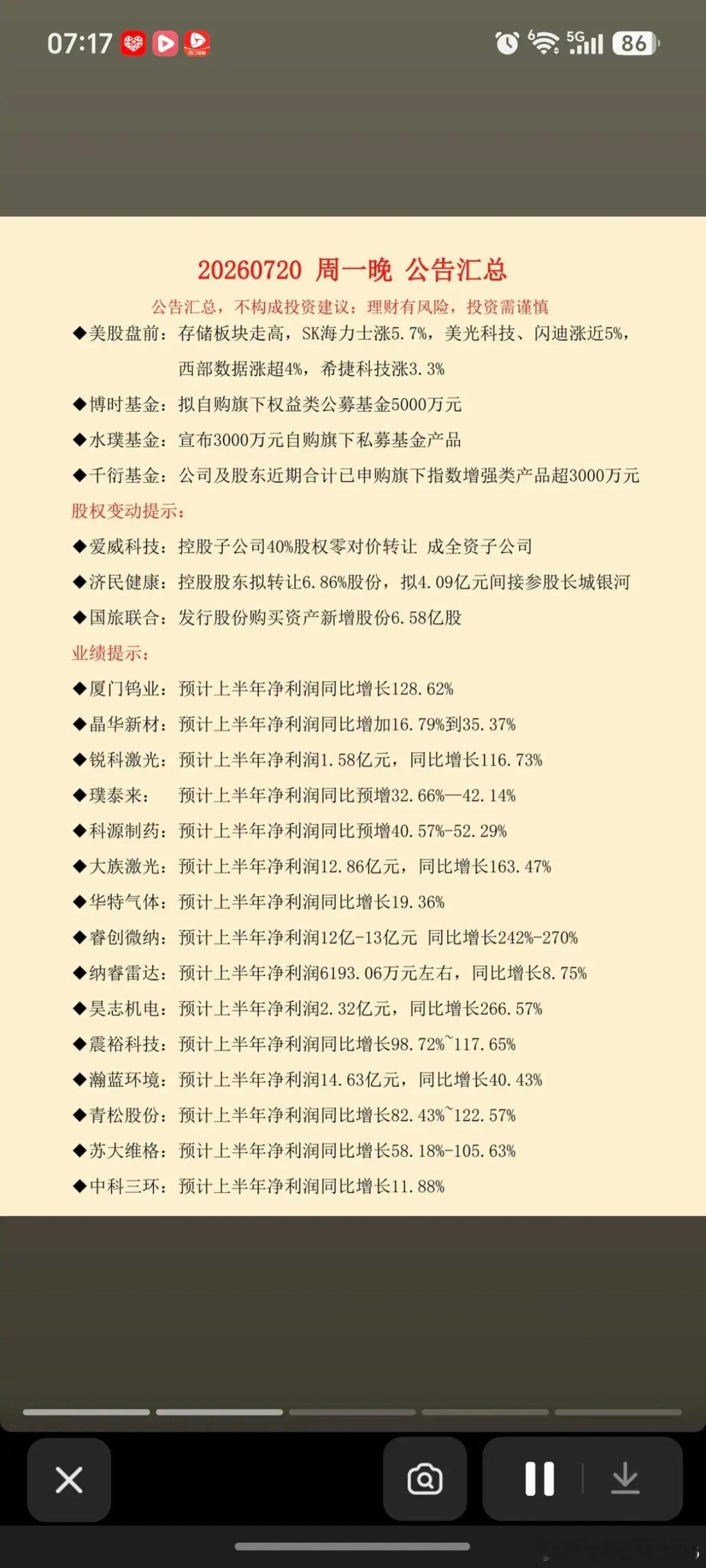 7.21周二 上市公司公告精选汇总！利好来袭！多家公司增持或回购！1.公司高管增
