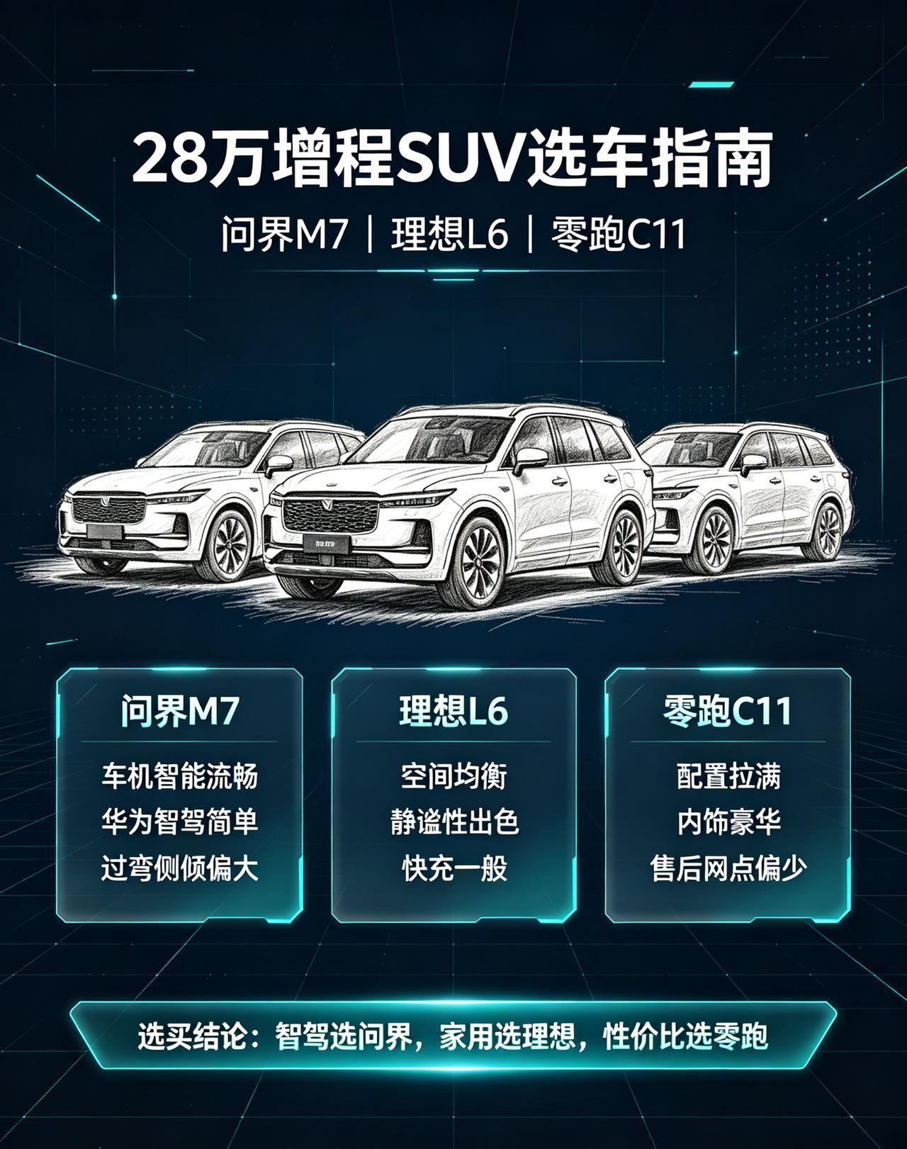 28万无充电条件家用增程SUV，长途无焦虑。问界M7车机智能流畅，华为智驾上手简