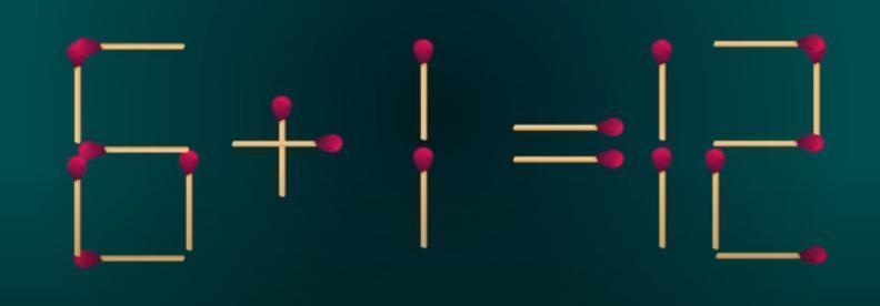 这是一道极具挑战性的火柴棒等式谜题：由火柴棒拼搭的 “6 + 1 = 12” 显