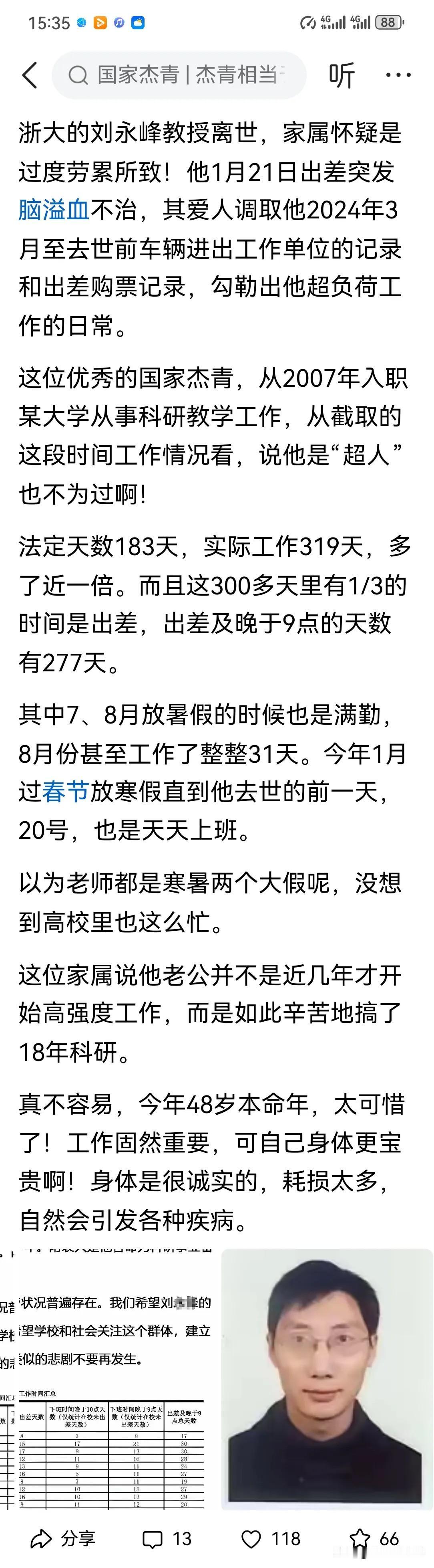 浙江大学求是特聘教授刘永锋逝世，终年48岁。家属统计了他一年来的工作量，确实劳累