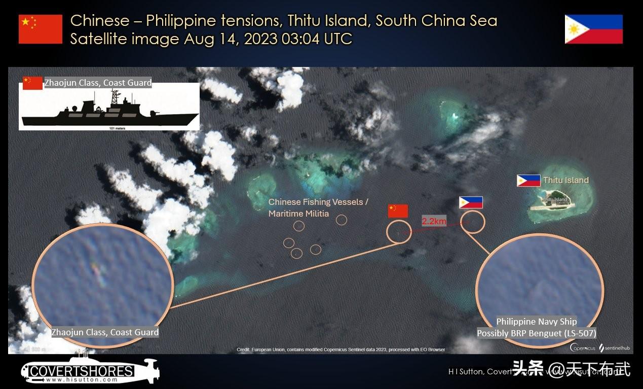 仁爱礁之后，中国海警船在中业岛附近与菲律宾海军舰艇持续对峙！

根据国外社交媒体