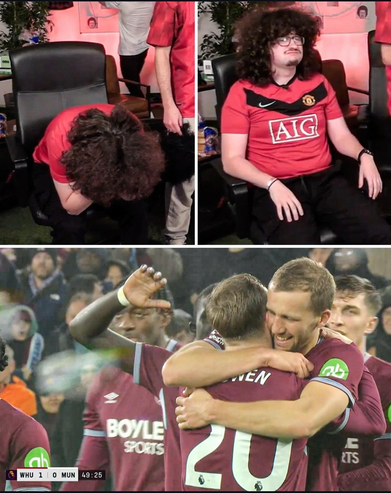 西汉姆1比1曼联终于还是没能等来五连胜。那位蓄长发的曼联球迷，一头大卷毛继续留着