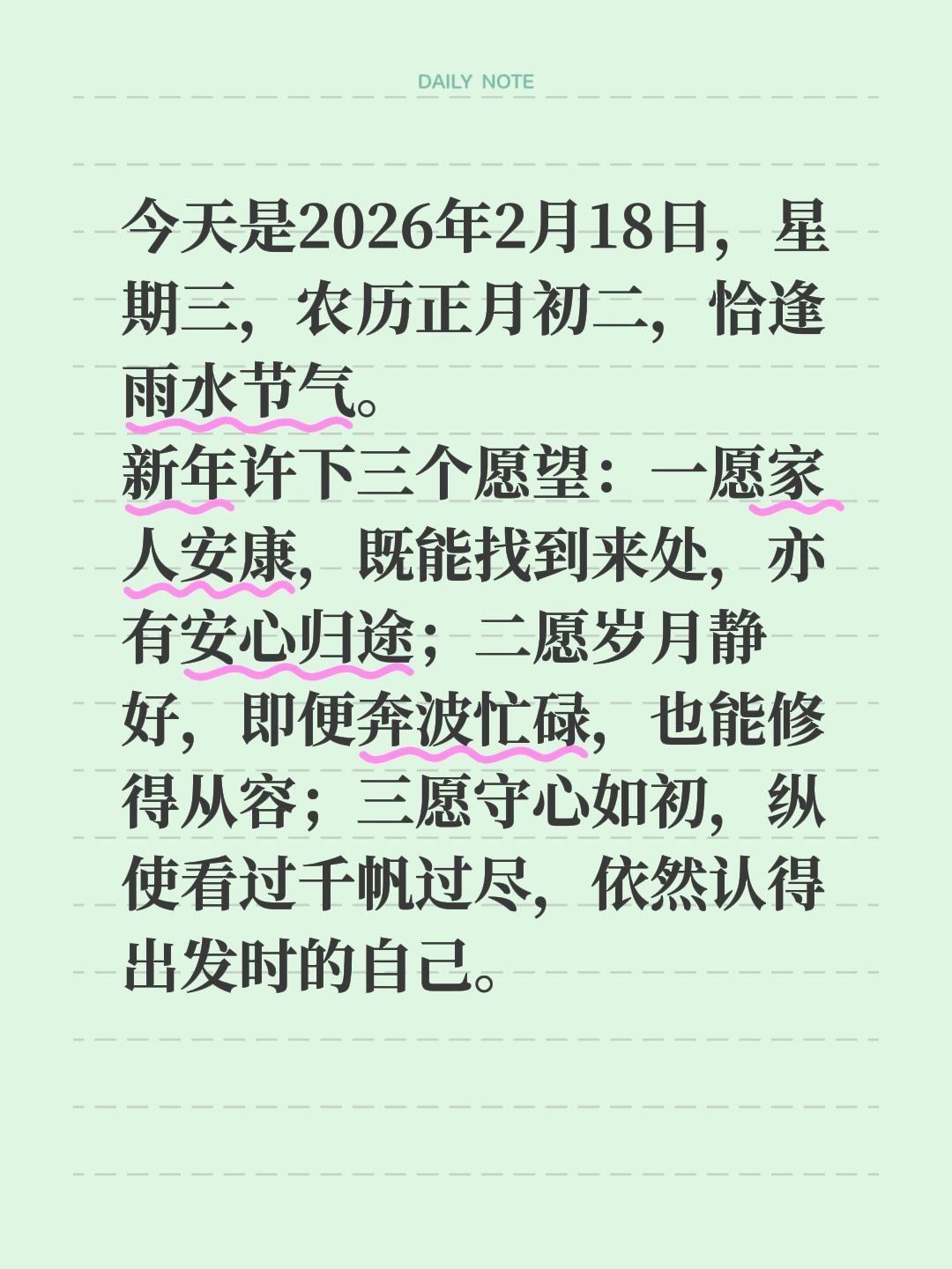 今天是2026年2月18日，星期三，农历正月初二，恰逢雨水节气。
新年许下三个愿