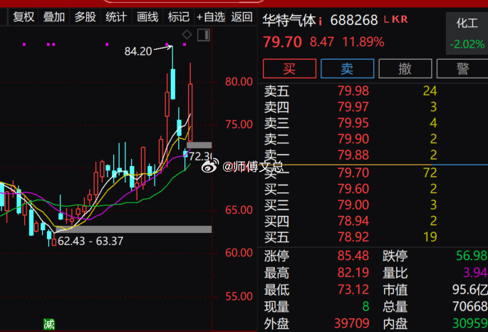 电子气体概念表现活跃，$华特气体 sh688268$ (sh688268)涨超1