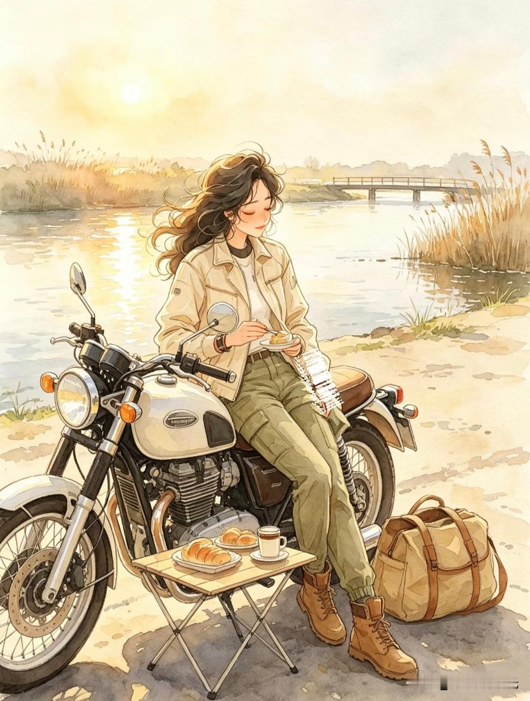驾机车奔赴山野湖畔，
慢享落日与自在旅途时光。
享受漫长治愈系机车少女插画头像分