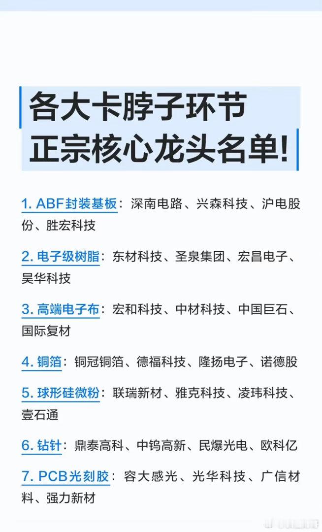 各大卡脖子环节及正宗核心龙头名单梳理1. ABF封装基板* 核心龙头：深南电路、