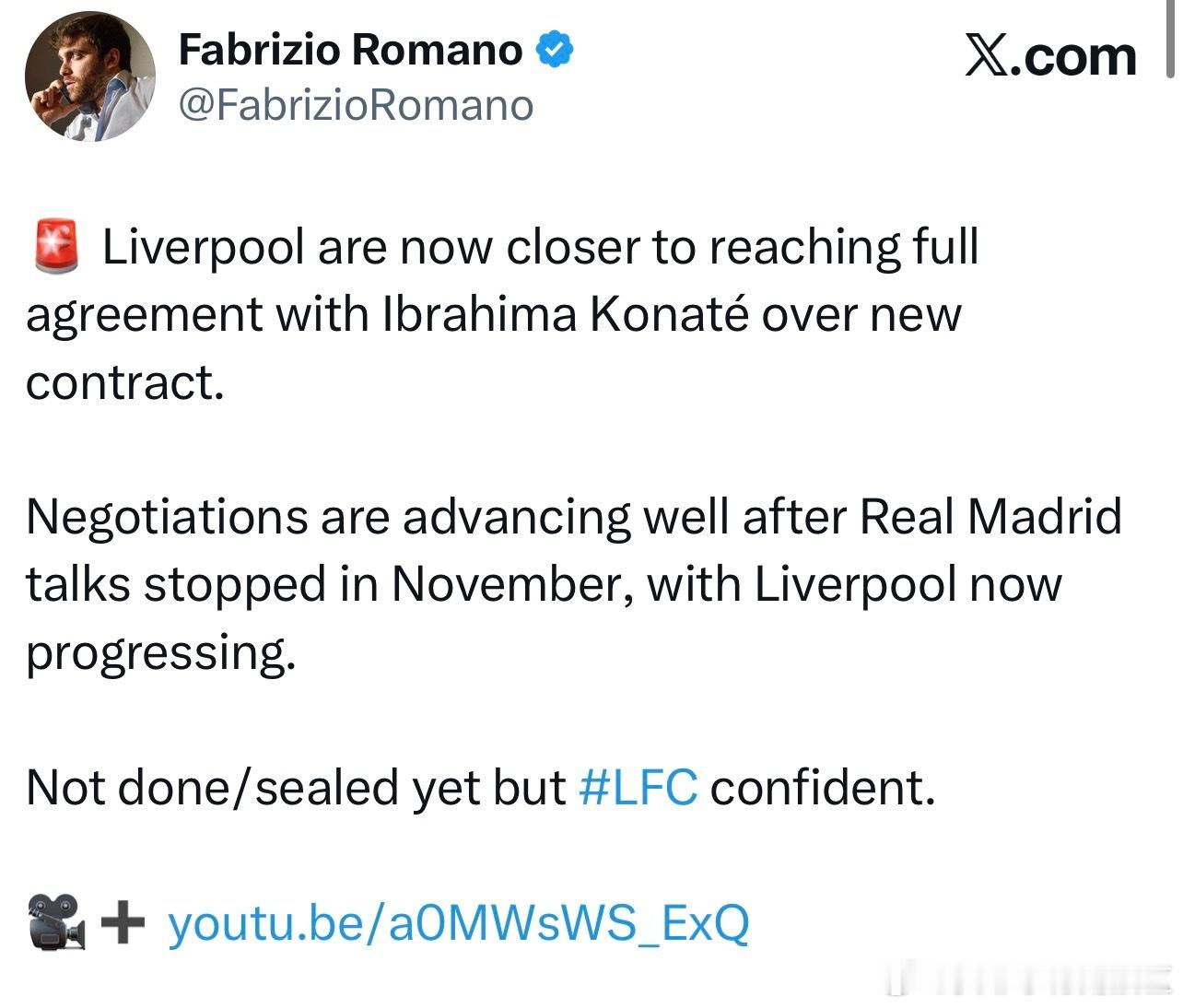 罗马诺也跟进了科纳特接近和我军达成续约的消息，在十一月和皇马的谈判停止之后科纳特