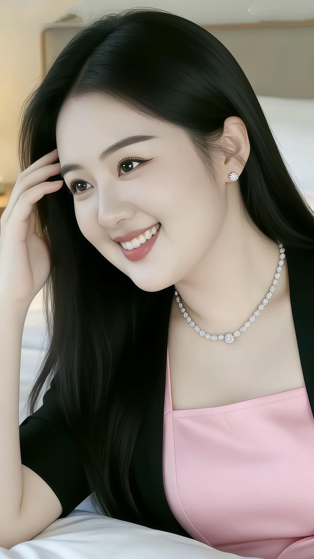 优雅黑发美人，微笑动人，粉色连衣裙搭配闪亮项链，尽显温柔魅力。