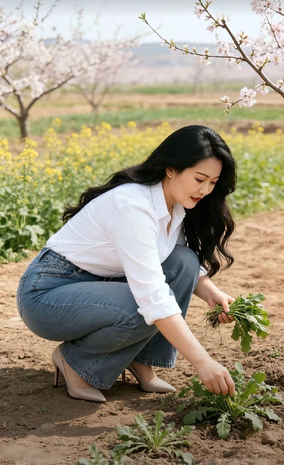 美女在田野里拔野菜，好惬意的春天生活！