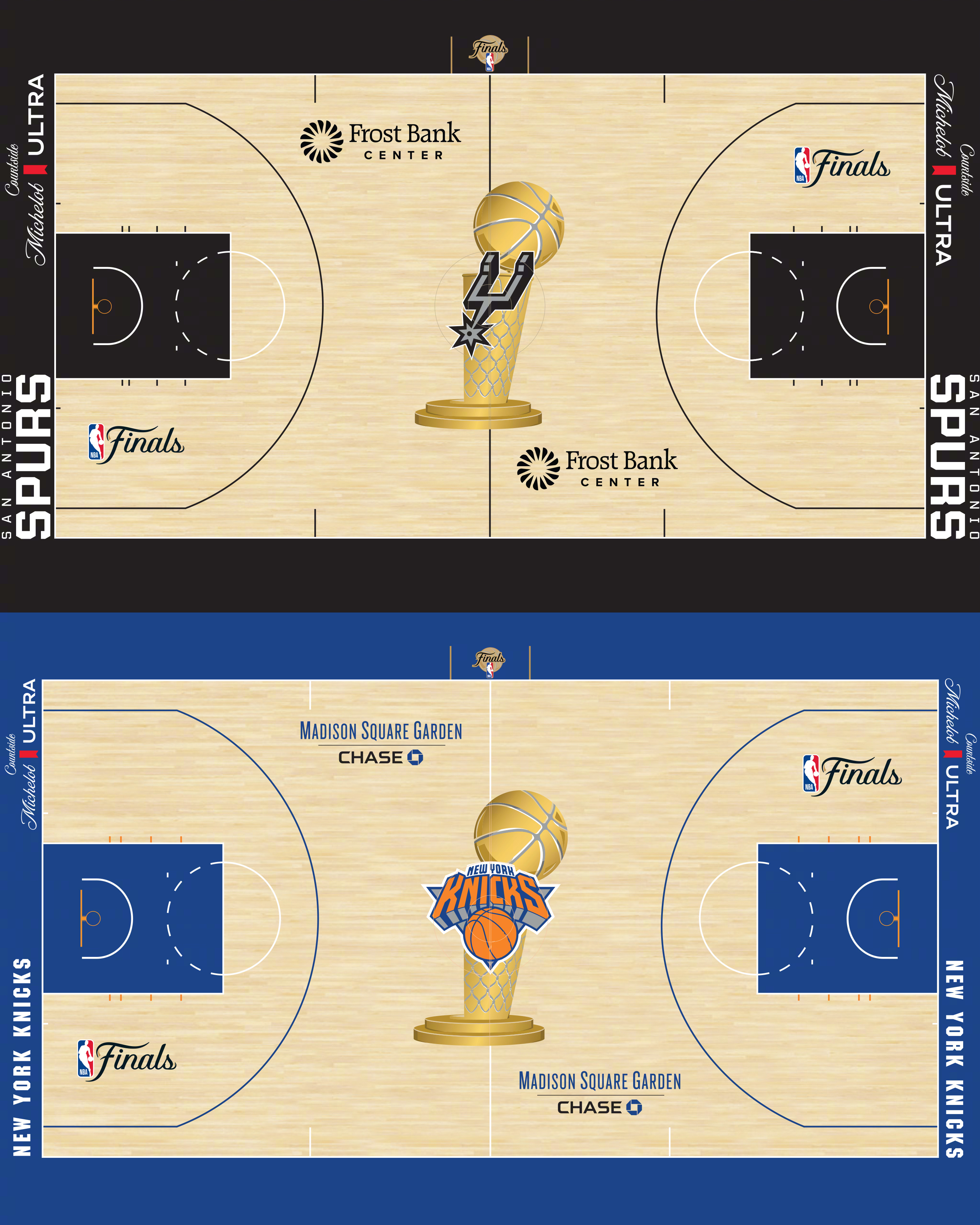 NBA总决赛的球场将带回中场的奥布莱恩杯图案还有球场两端的“总决赛”字样。 