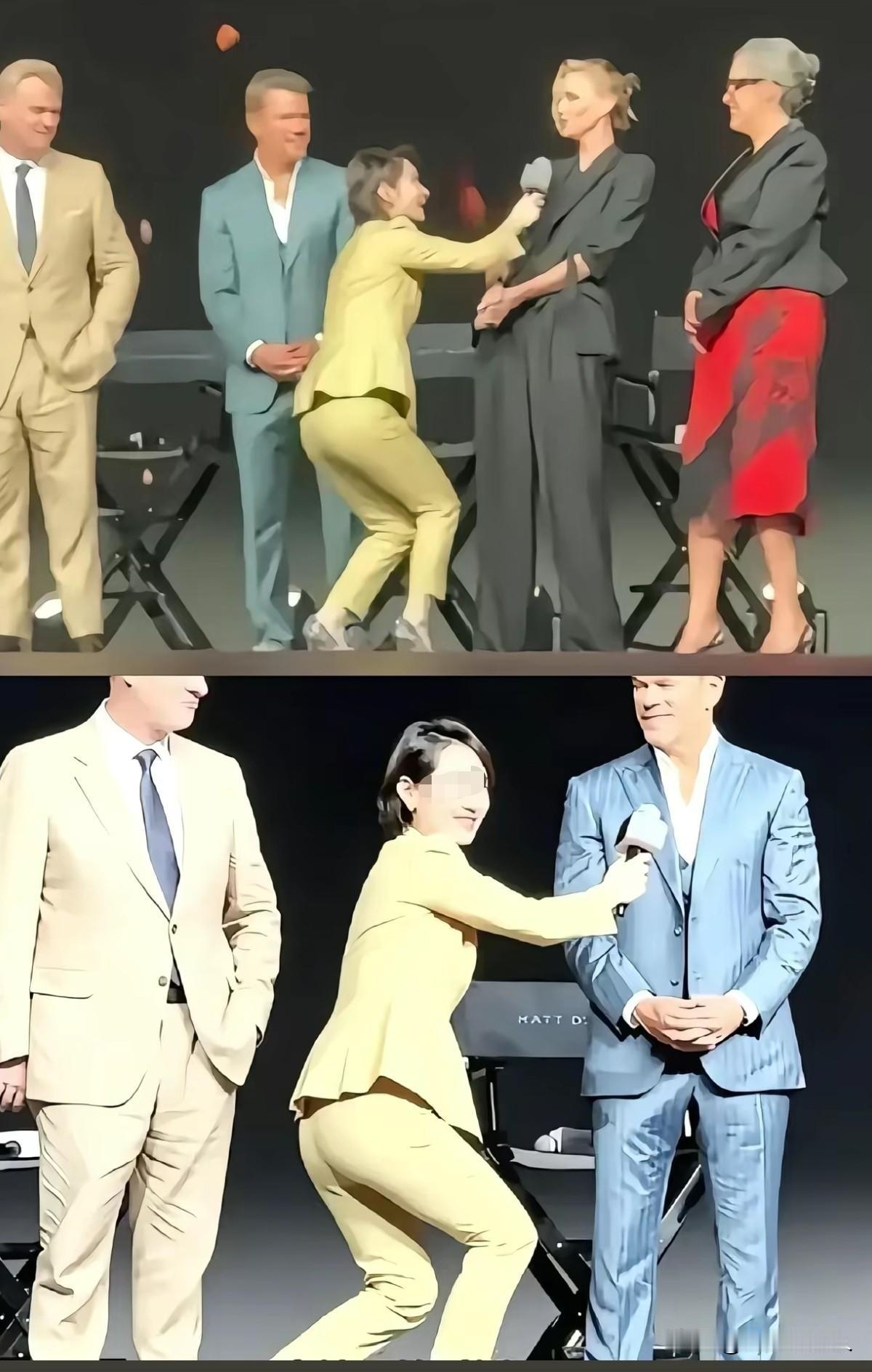 半蹲采访老外这事属于直播事故，不能怪女主持人，因为她是在躲机位，如果她站直了会挡