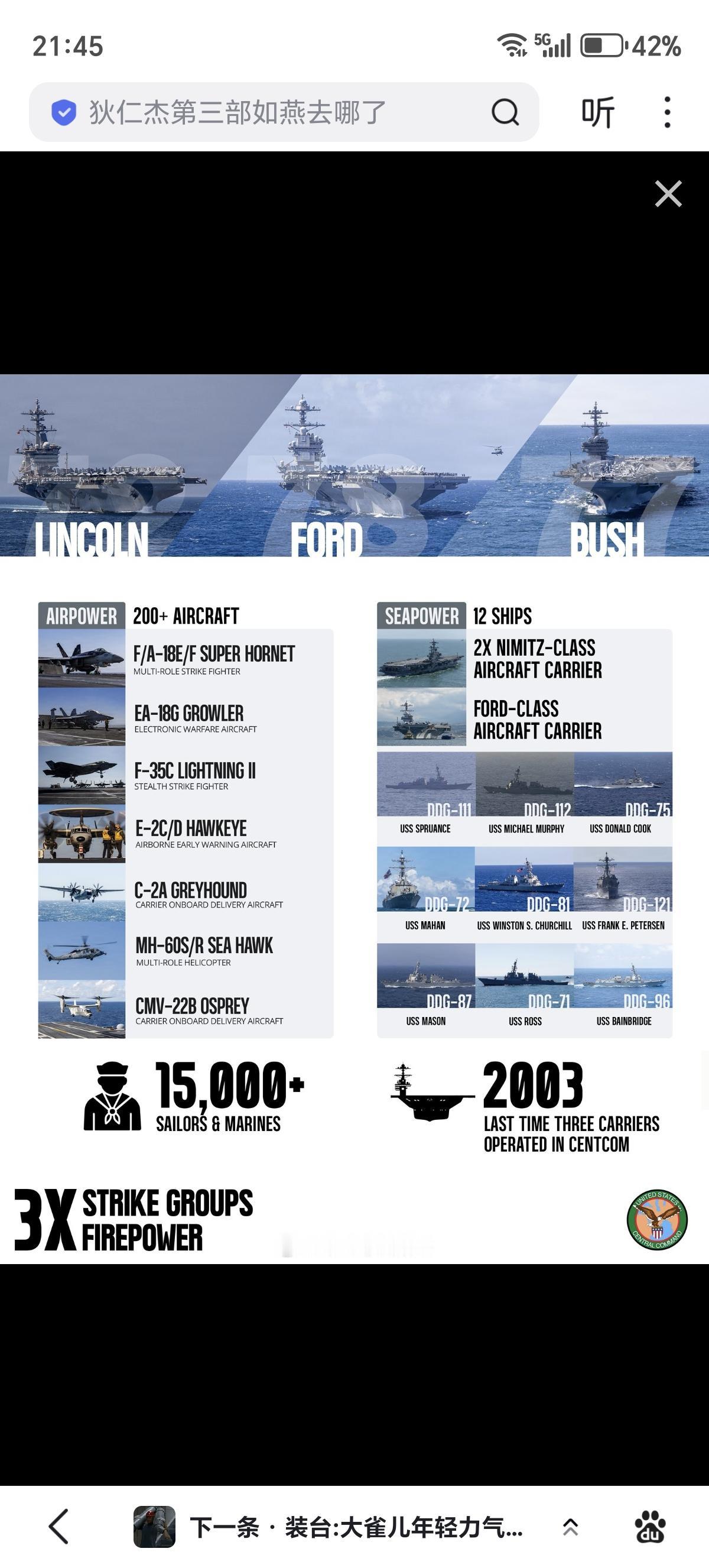 美国中央司令部发布的中东地区三艘航母兵力，包括航母打击群配属的舰载机、护航舰只的