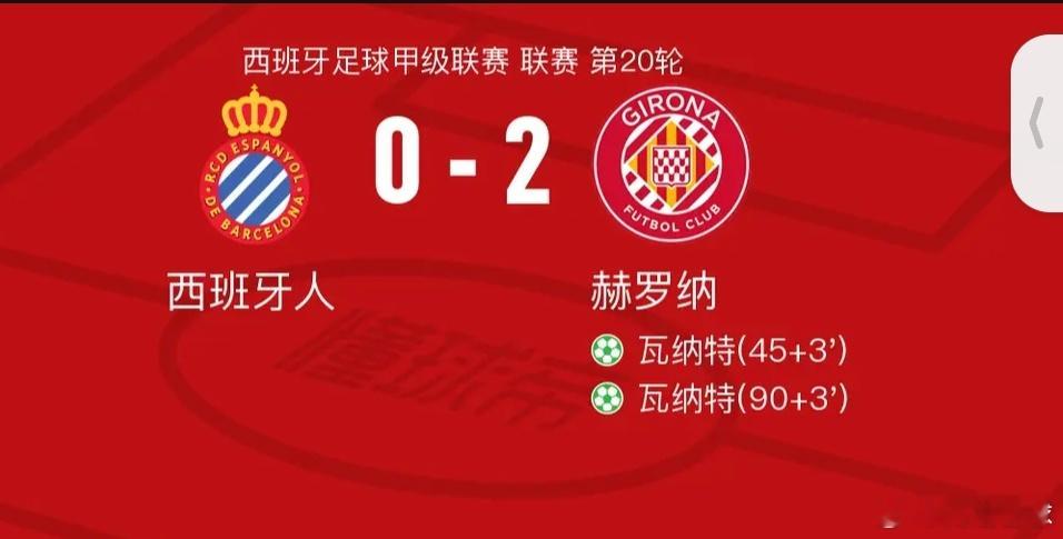 赫罗纳2-0西班牙人，瓦纳特包办2球北京时间1月17日，西班牙足球甲级联赛第20