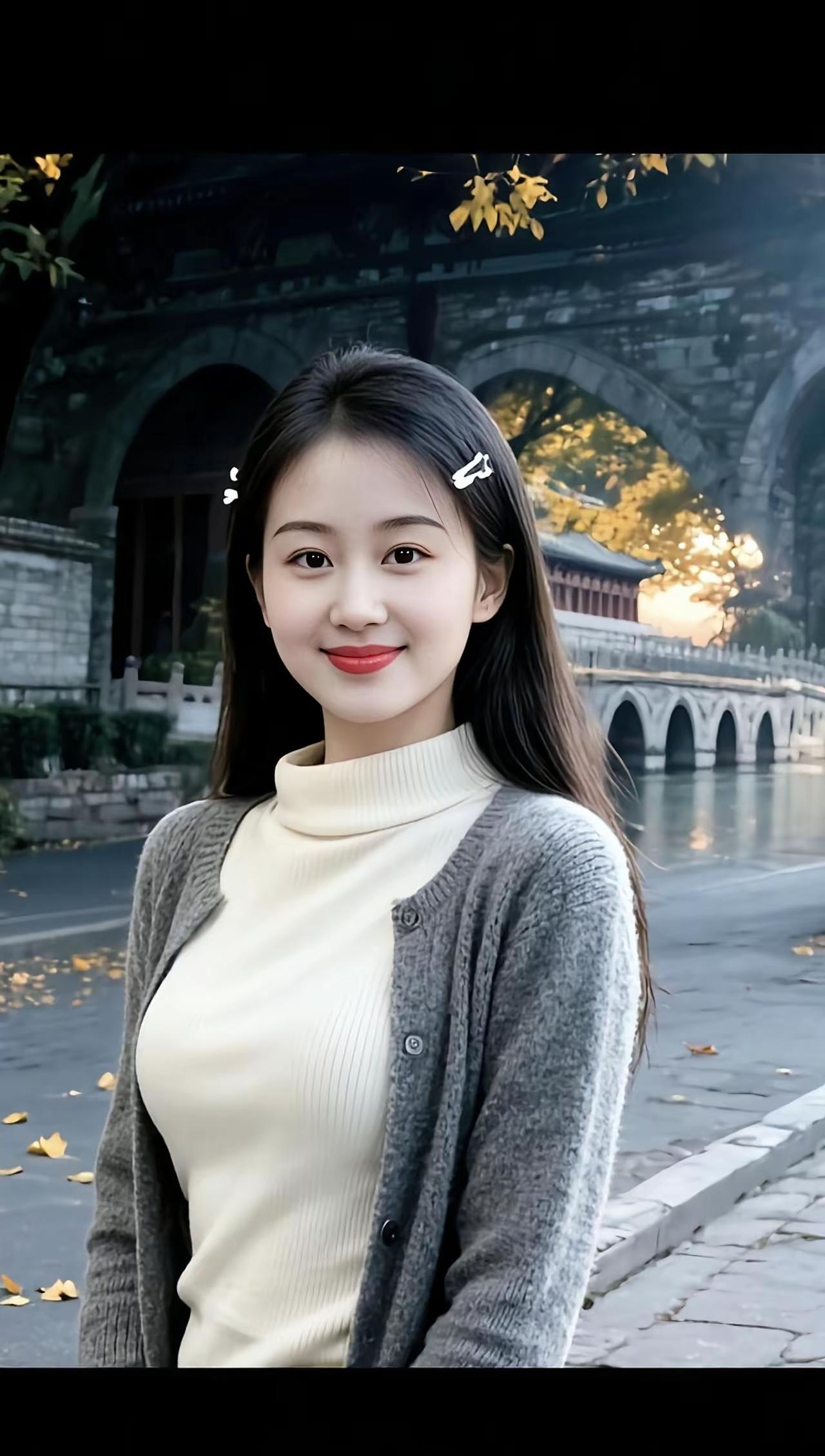 这位小姐姐在秋天的公园里拍照。