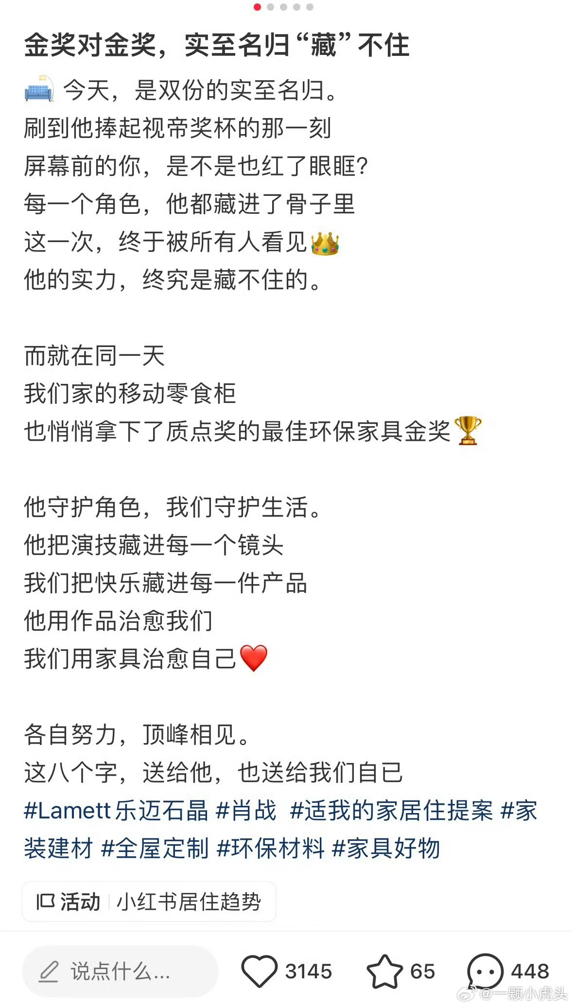 乐迈石晶荣获最佳环保家具质点奖金奖🥇官方战报把自家代言人肖战拿下视帝的喜讯都写