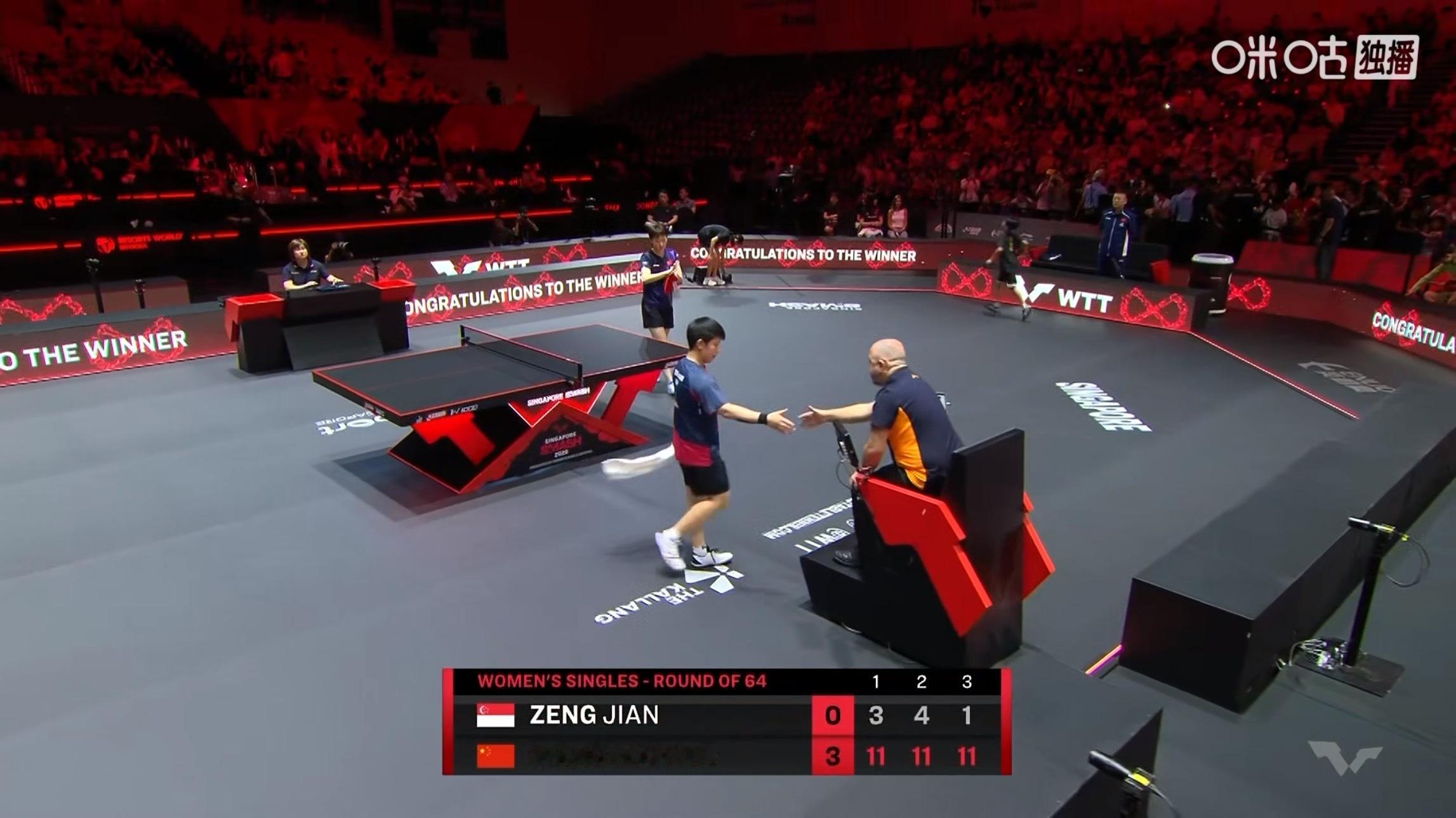 王曼昱3比0曾尖(11-3，11-4，11-1)晋级WTT新加坡大满贯2026 