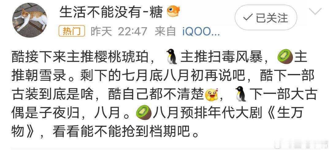 2025暑假档荧屏暑期档 下一轮对打：🐧：扫毒风暴👖：樱桃琥珀🥝：朝雪录七