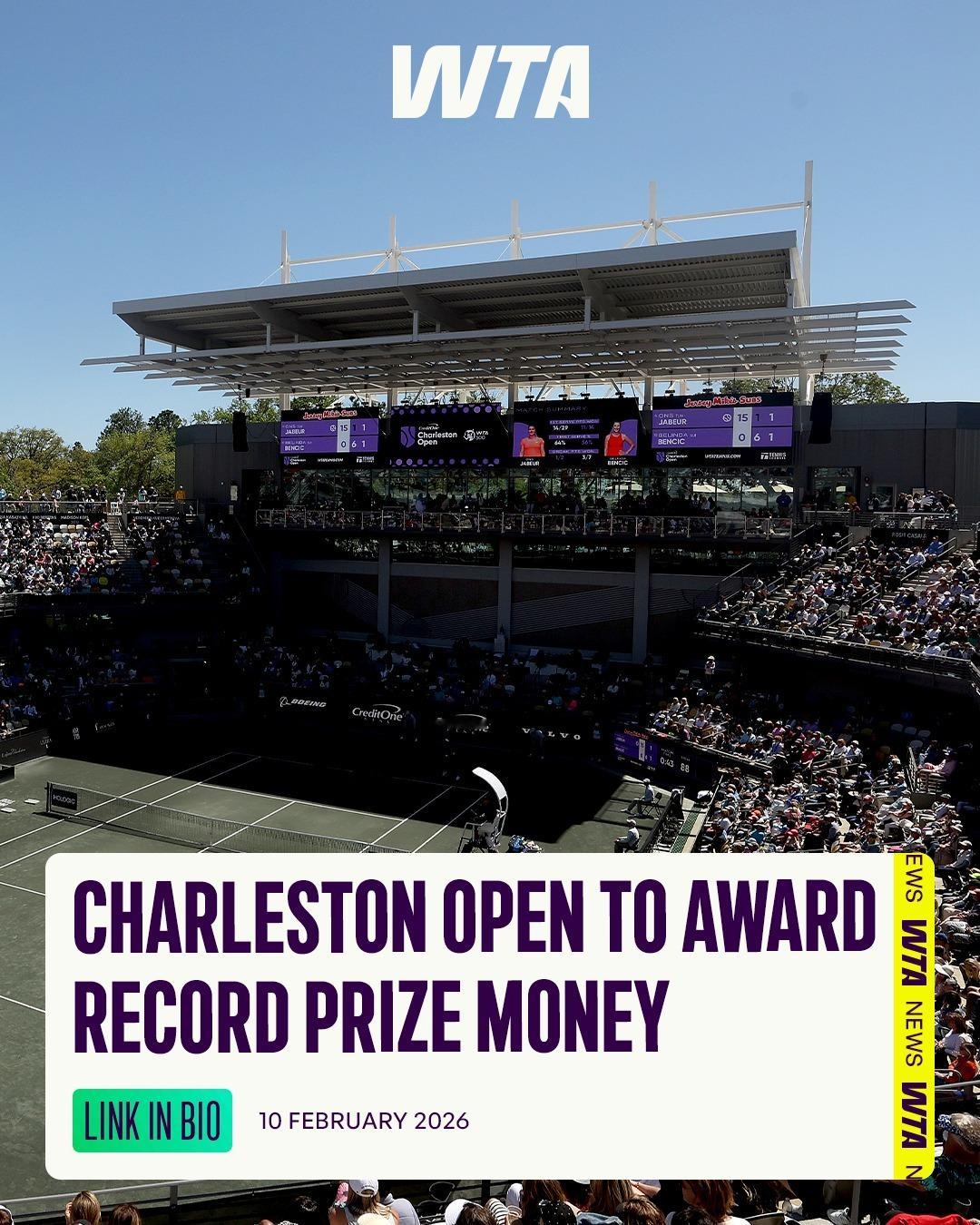 查尔斯顿宣布今年奖金将大幅提升到250万美元，和同级别男子赛事看齐。这项赛事悠久