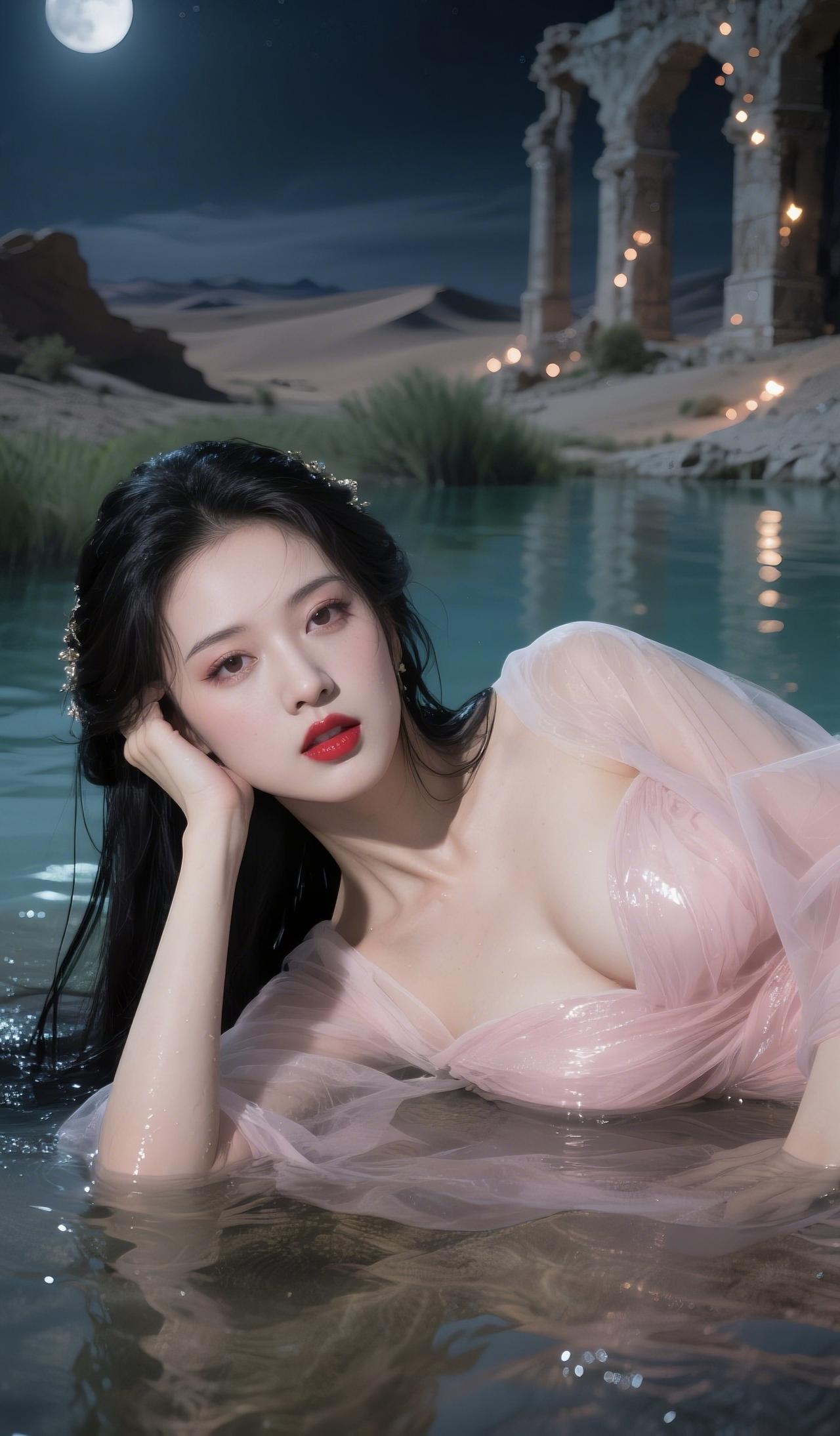 大美女枕着泳池边，身体半浸在水里，泳装勾勒出恰到好处的弧度——不是刻意的紧绷，是