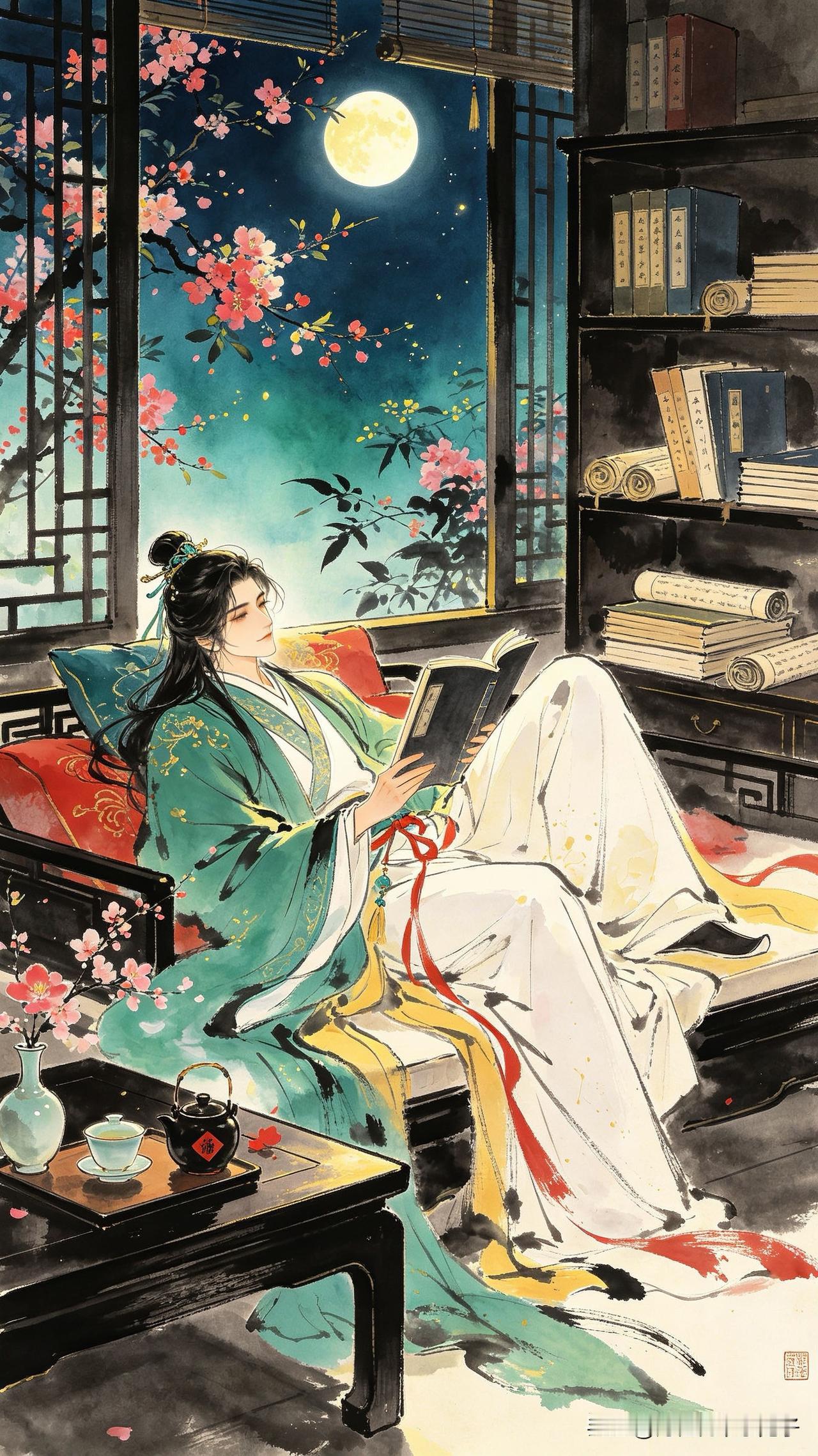 半榻诗书一卷斜，
窗含风月景无涯。
清茶淡酒人微醉，
         
………