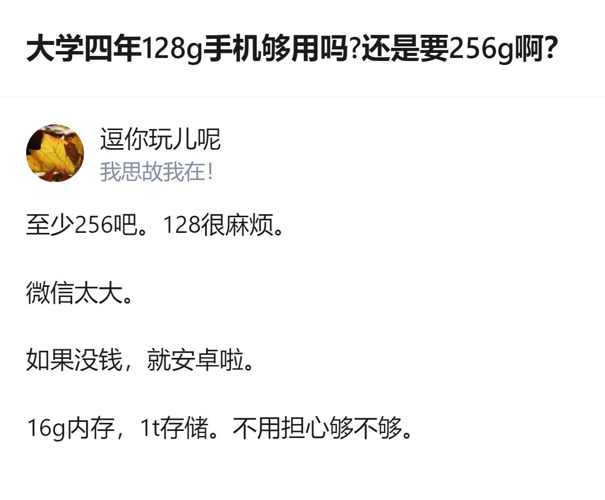 针对苹果手机用户，大学四年选手机存储的话，至少得256G，128G会因为微信占空