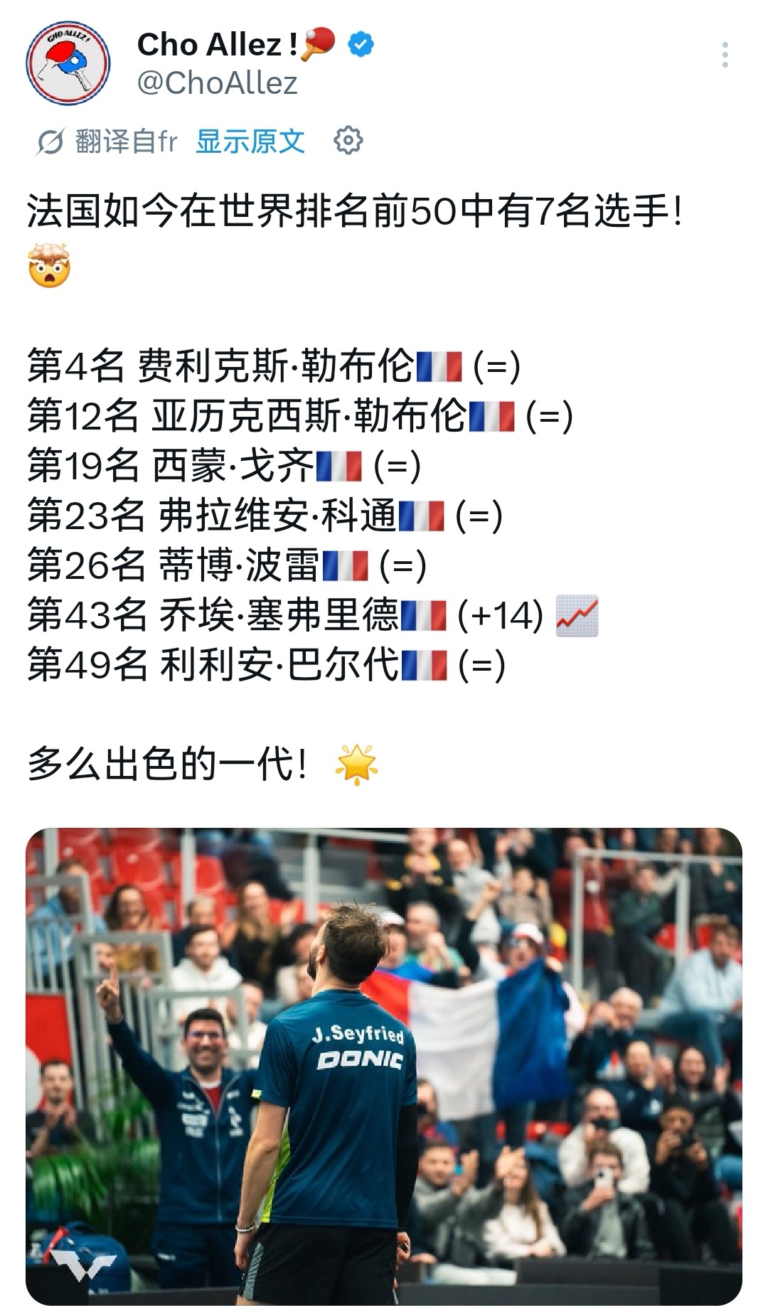 法国队现在男单世界前50占7 中国队8 日本队7 德国队4 