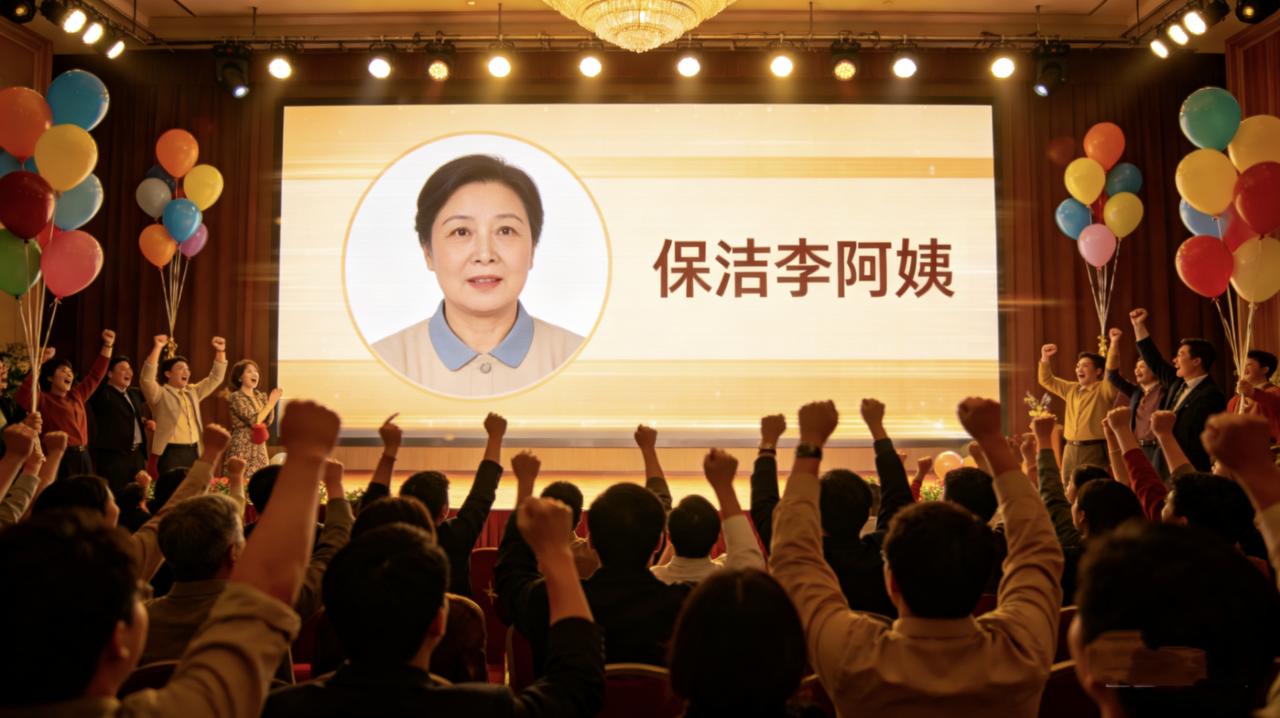 公司年会抽奖，一等奖是最新款手机。
大屏幕滚动，停住——保洁李阿姨。
全场鼓掌，