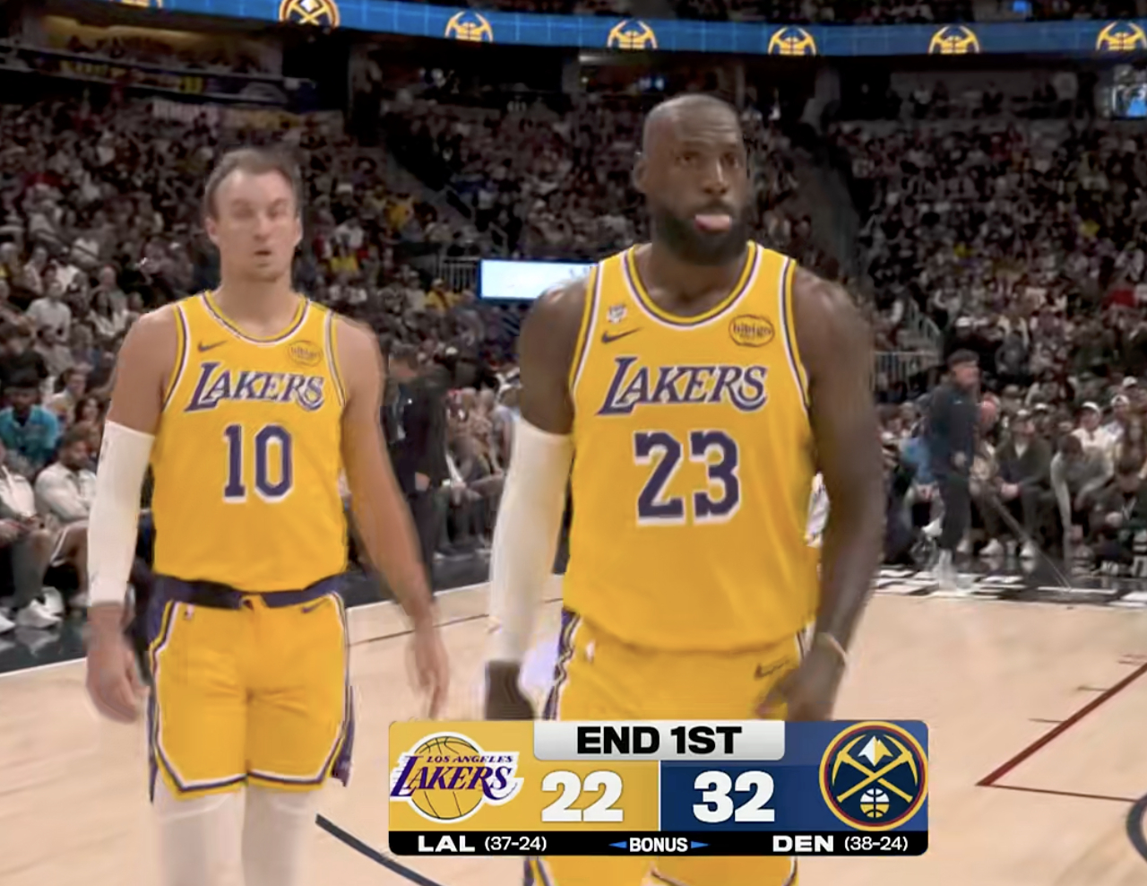 第一节结束，湖人22-32掘金，怎么说？湖人vs掘金 詹姆斯6分3篮板，东契奇6