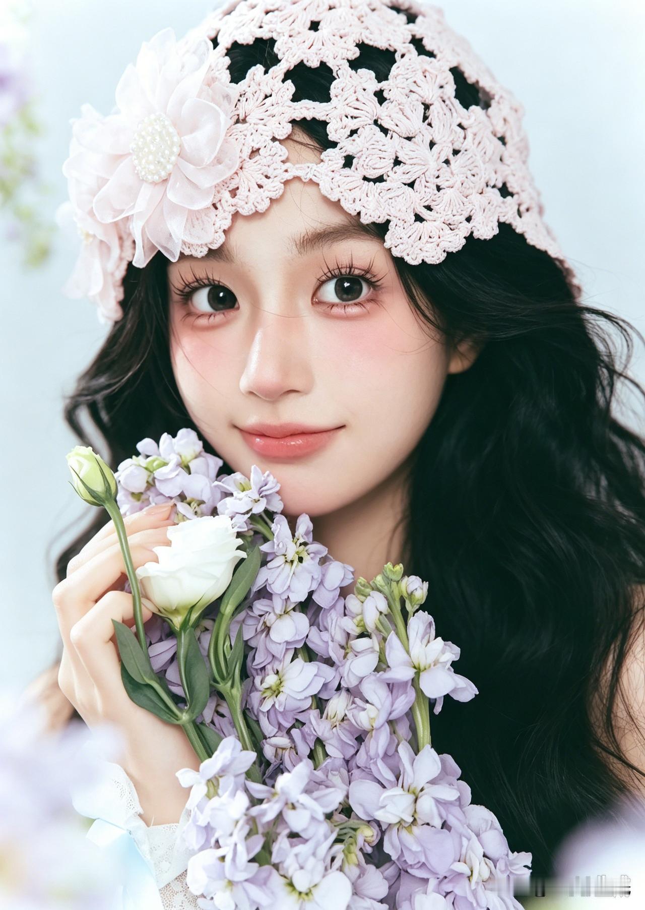 甜美森系少女💜
闯入温柔烂漫的花野，是自带甜感的森林少女。
钩花针织帽缀满柔美