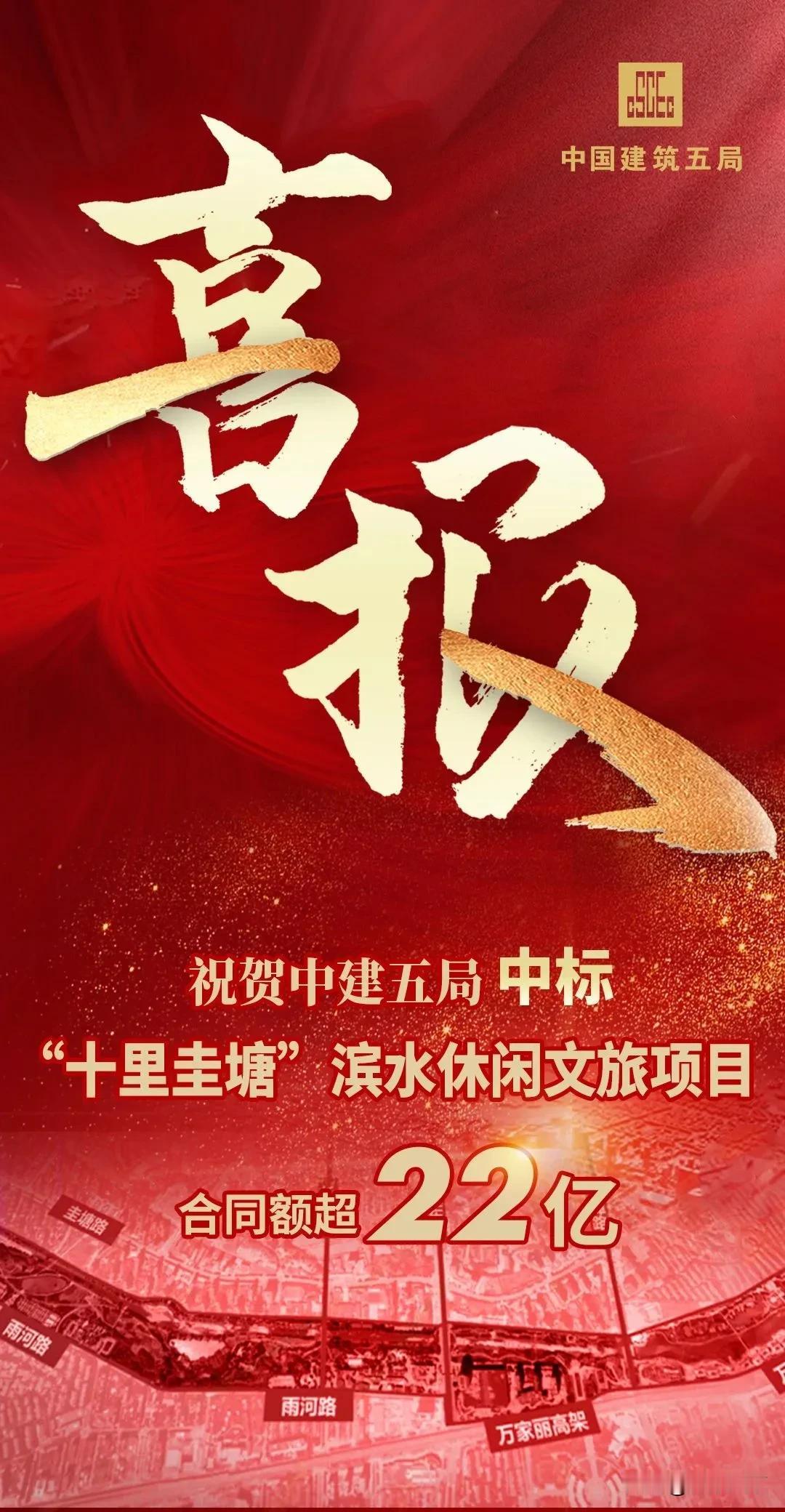 近日，中建五局中标长沙市雨花区“十里圭塘” 滨水休闲文旅项目运营合同额超22亿元