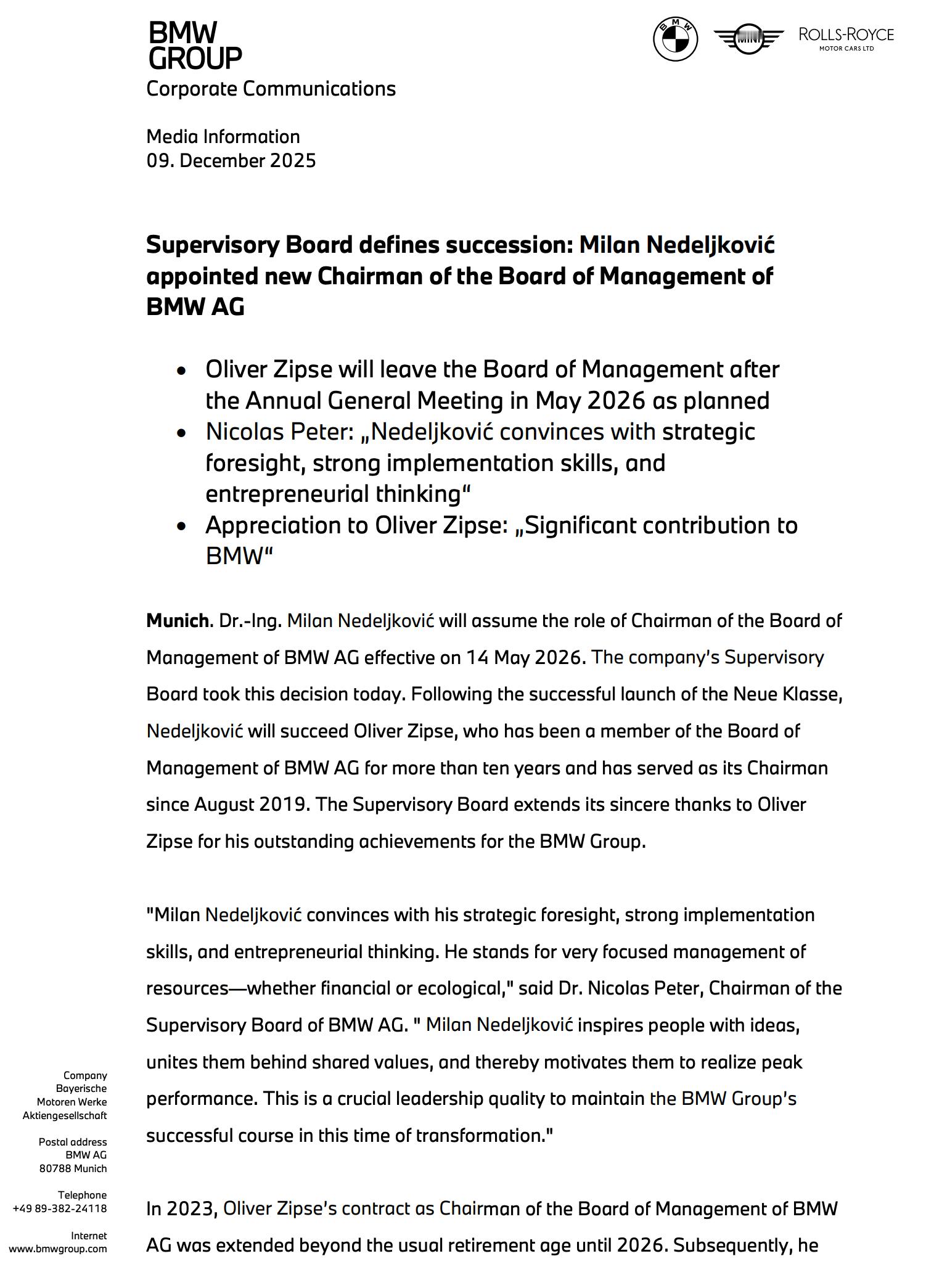 宝马官宣换帅！宝马现任CEO齐普策将于2026年4月退休！诺德科沃奇将接任! 