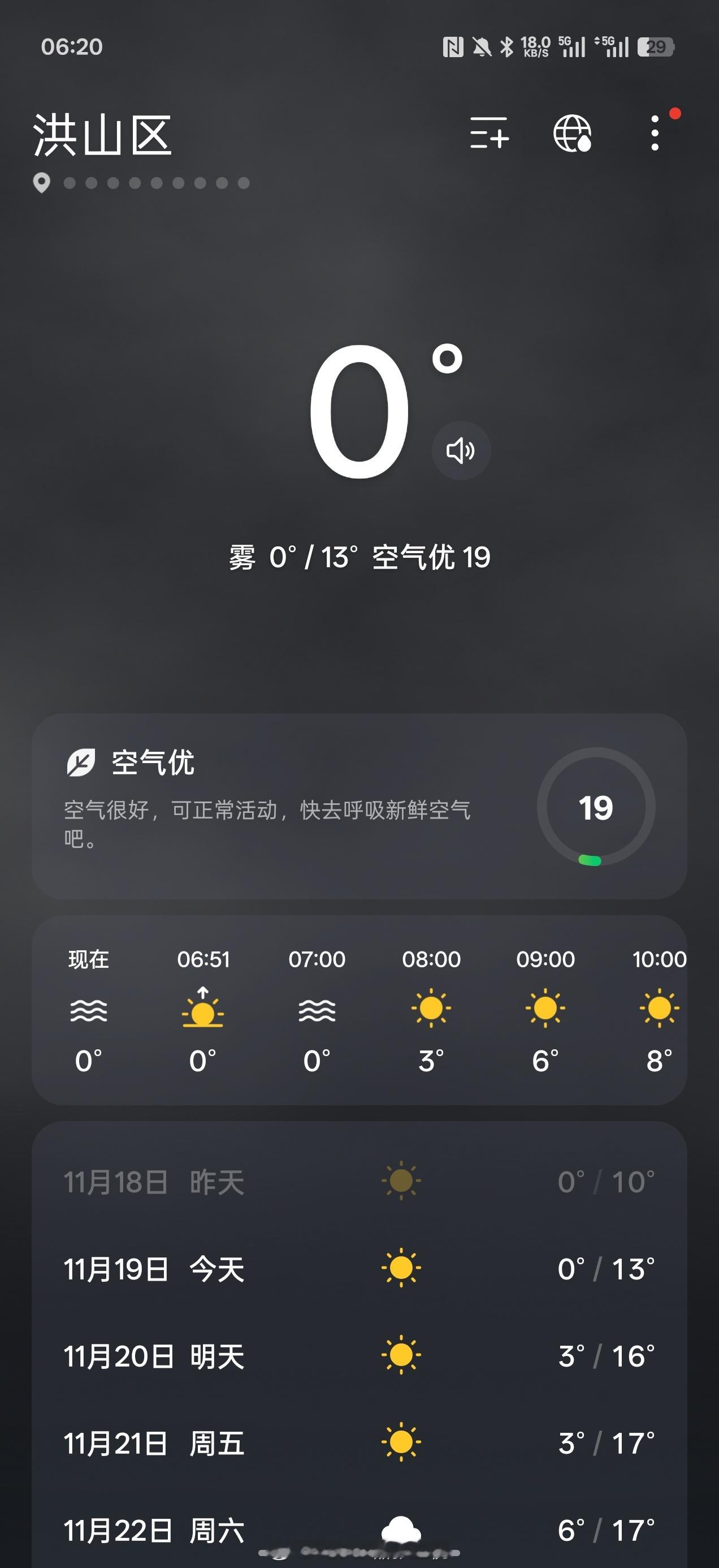大清早被冻醒了……然后爬起来开酒店的暖风空调……一看手机，0℃。