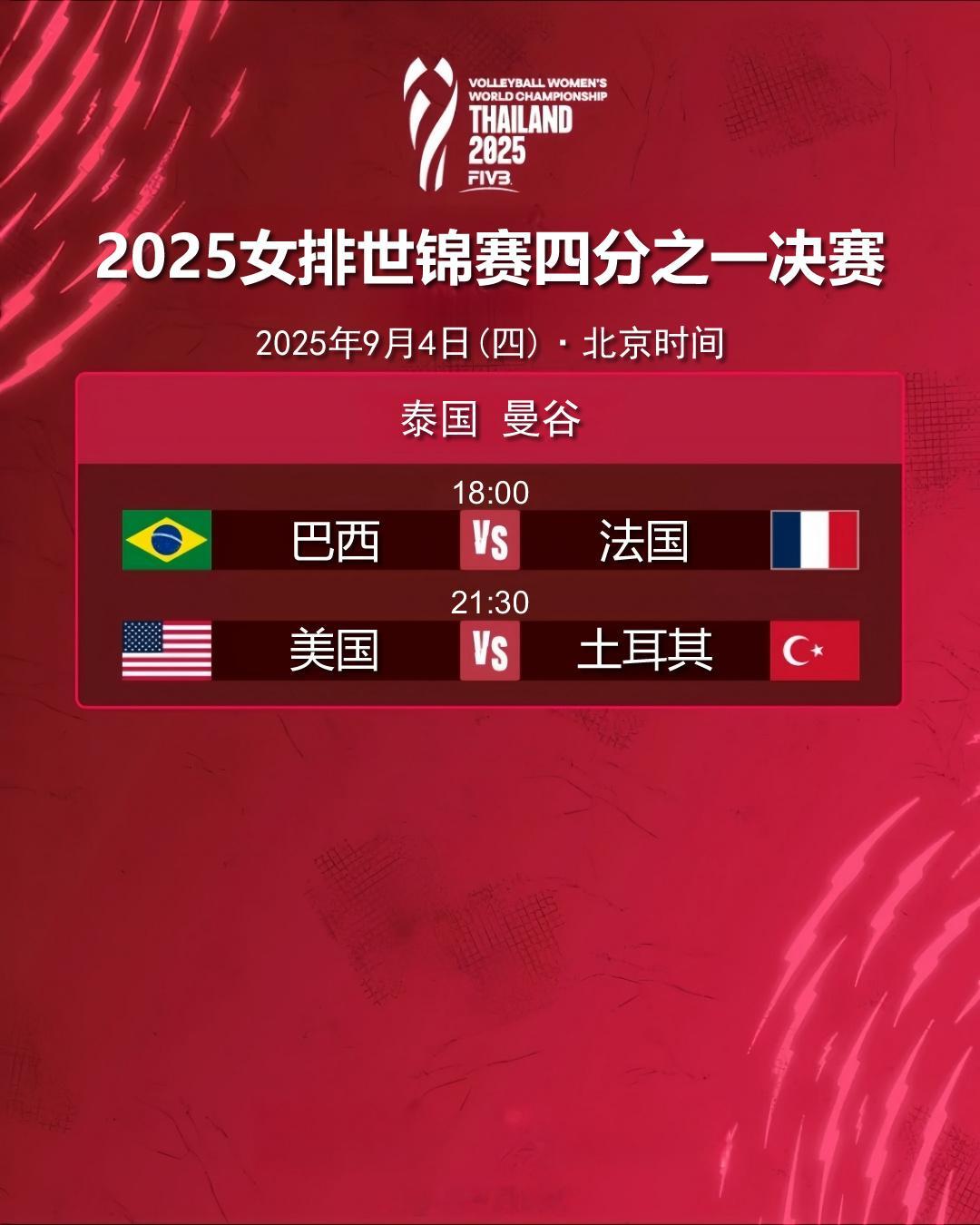 2025女排世锦赛 四分之一决赛今日赛程（北京时间）：9月4日（四）18:00 