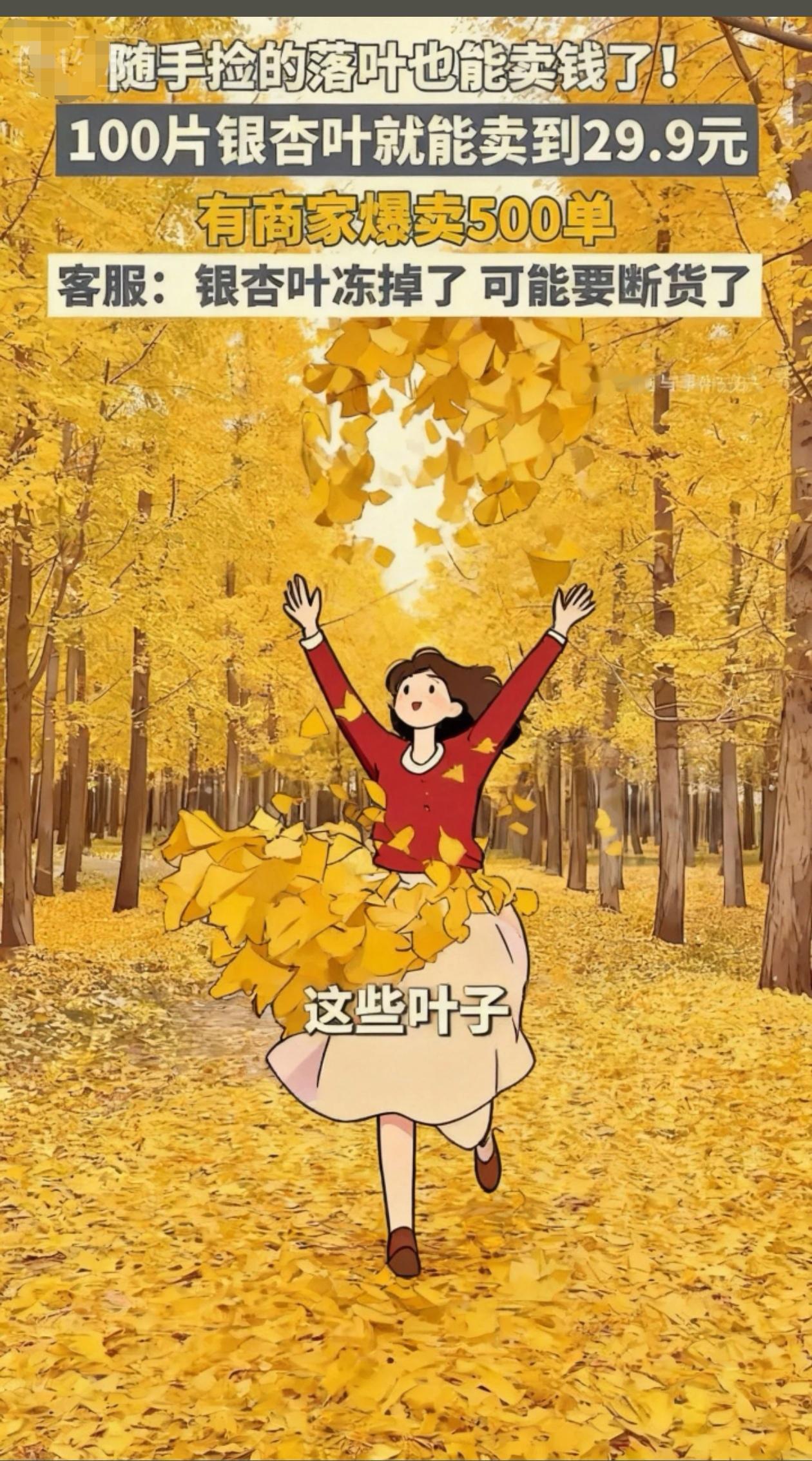 随手捡的落叶也能卖钱了！100片银杏叶就能卖到
29.9元，有商家爆卖500单＃