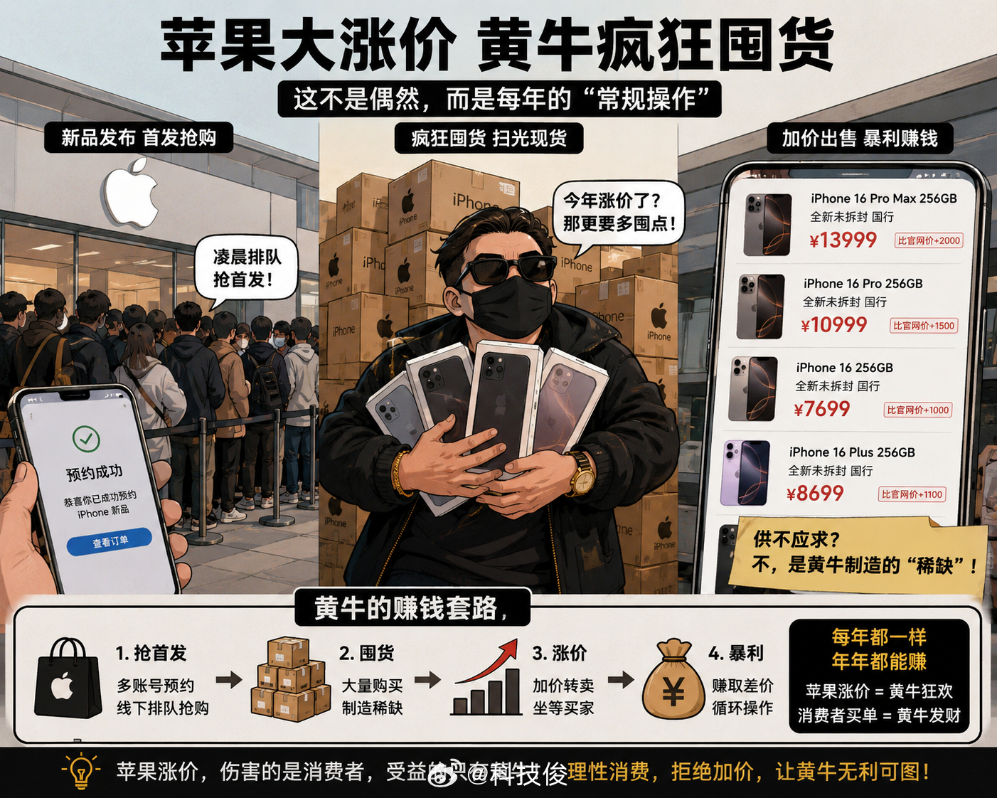 苹果大涨价黄牛疯狂囤货那不是常规操作，每年iPhone新品发布也是一样的，黄牛抢