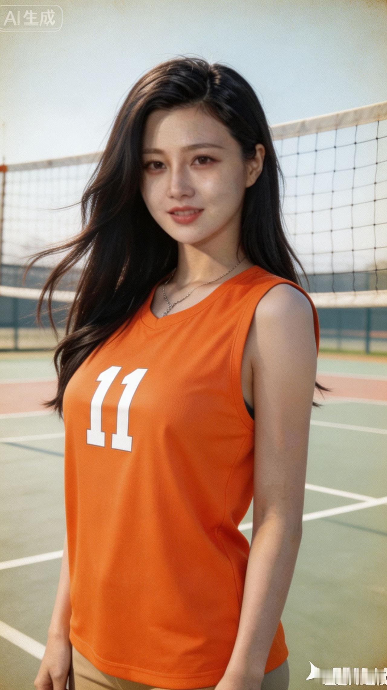 一位穿橙色球衣的姑娘站在网球场。