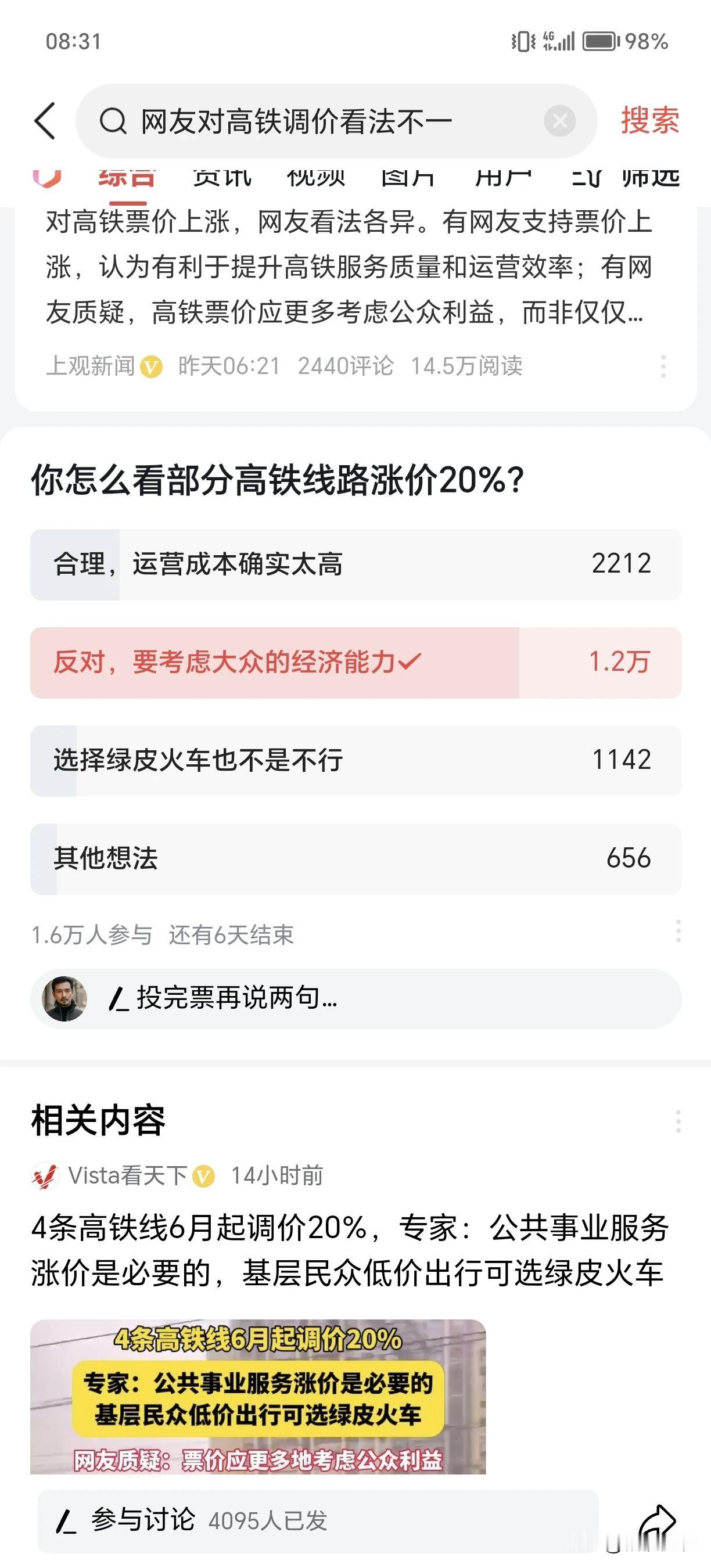 #网友对高铁调价看法不一#
居然还有人支持高铁涨价，莫非那两千多网友都是托？
涨