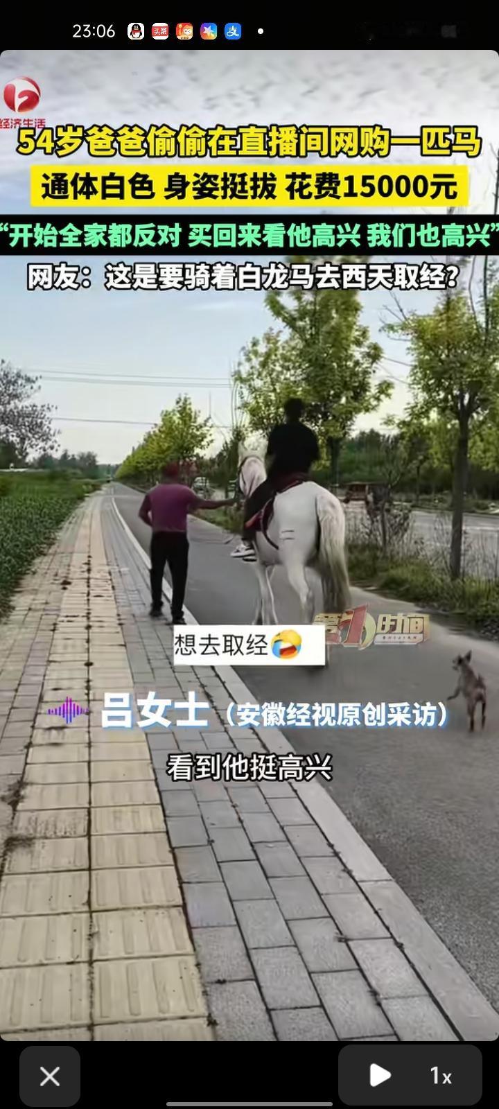 4月10日，商丘市宁陵县。女儿李女士称，别人上网买个鞋，而老爸在直播间网购一匹马