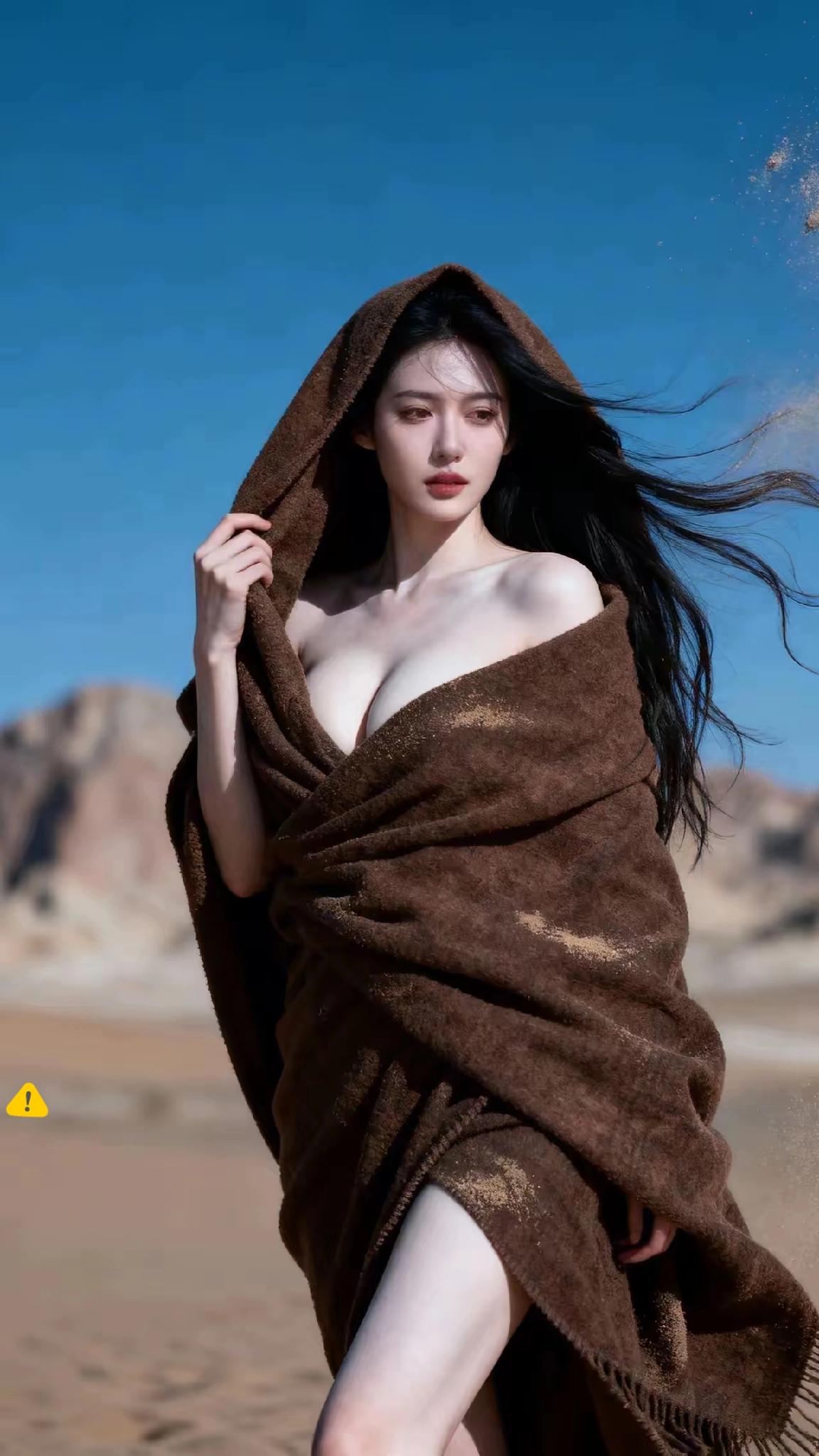 沙漠美人披纱立，风沙轻拂似画卷。