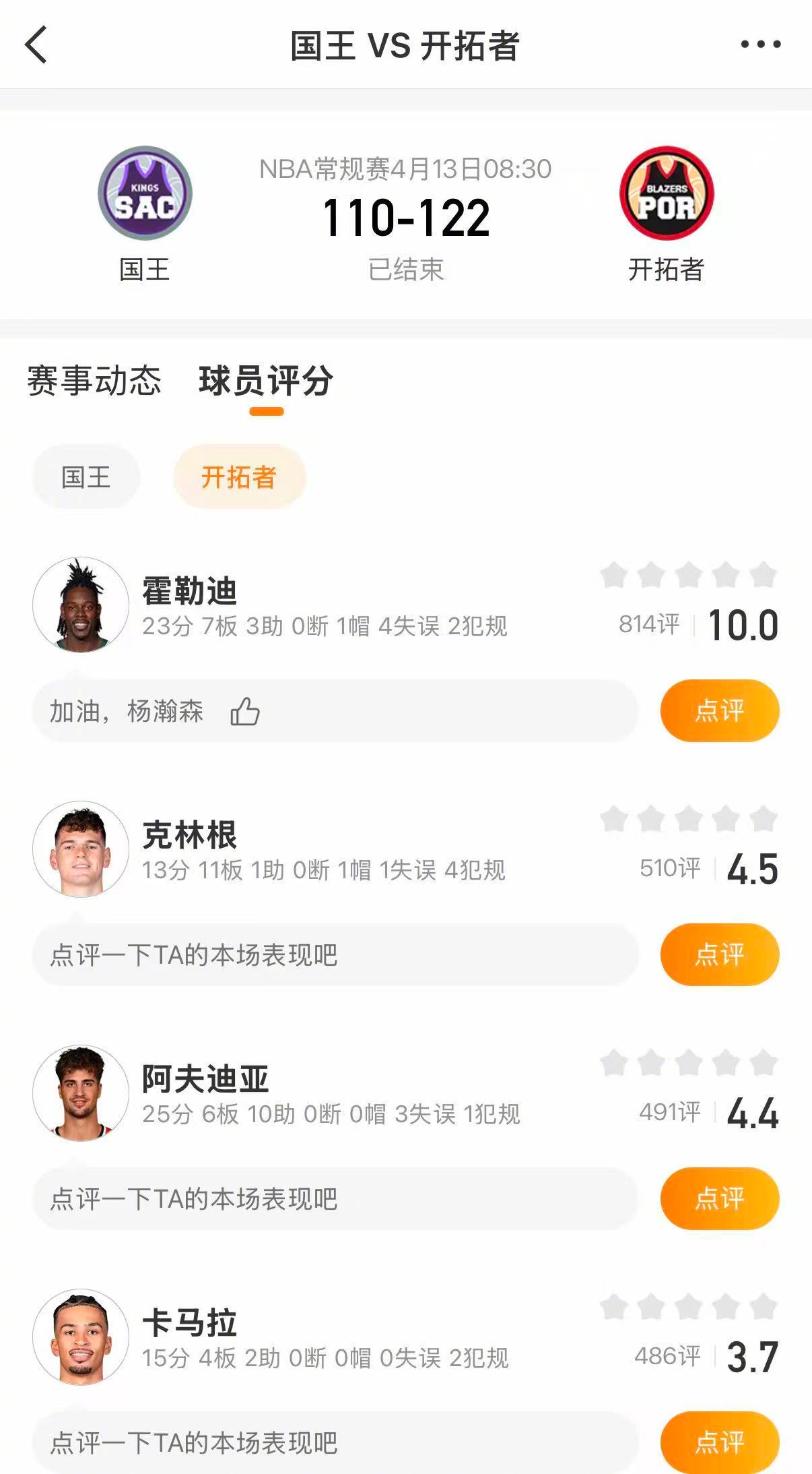 开拓者附加赛对阵太阳  开拓者122-110战胜国王。杨瀚森上场1分39秒拿到1